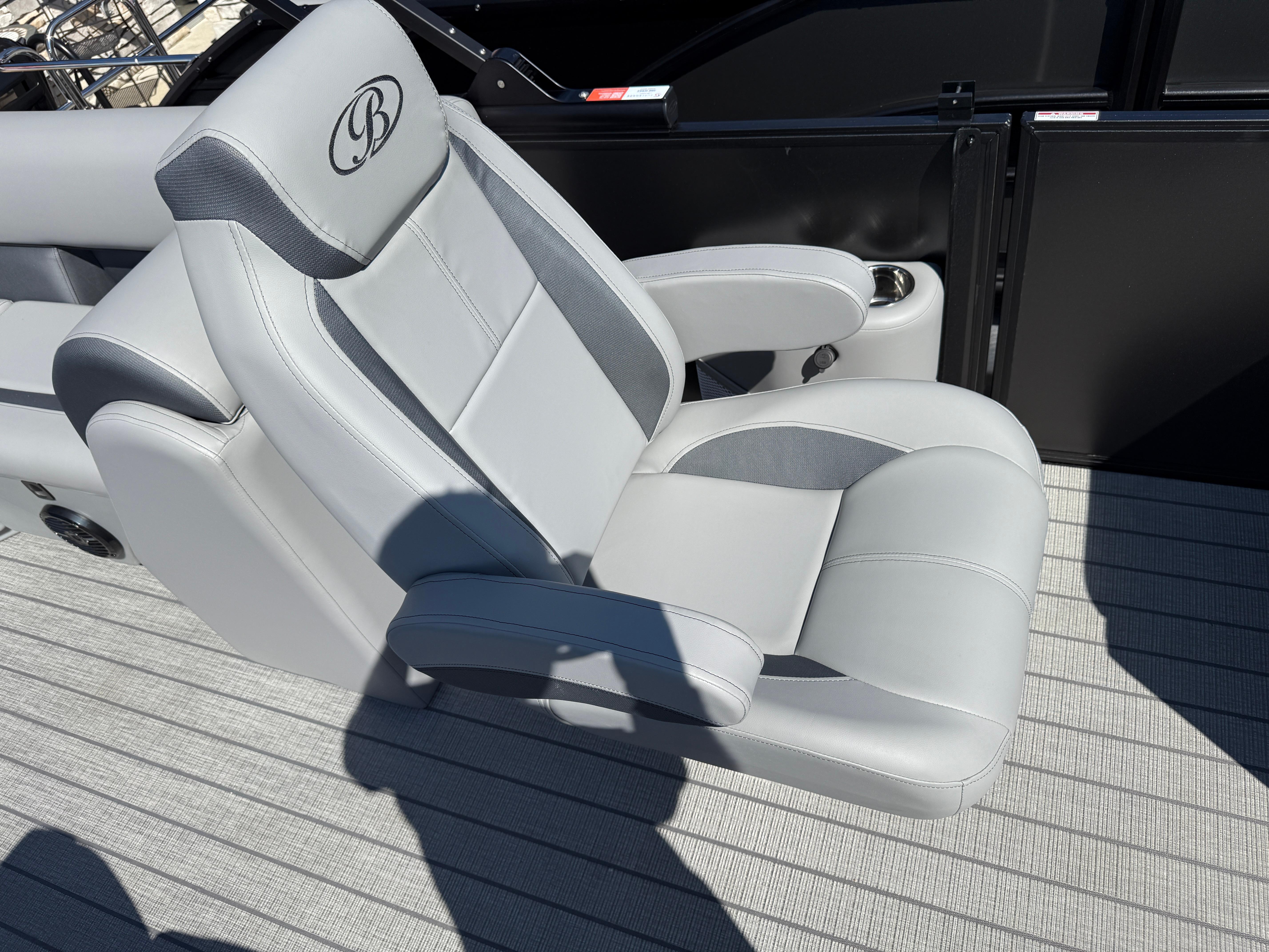 Luxurious seating on 2026 Bentley Pontoons Legacy 223 Navigator, featuring sleek design and comfort.