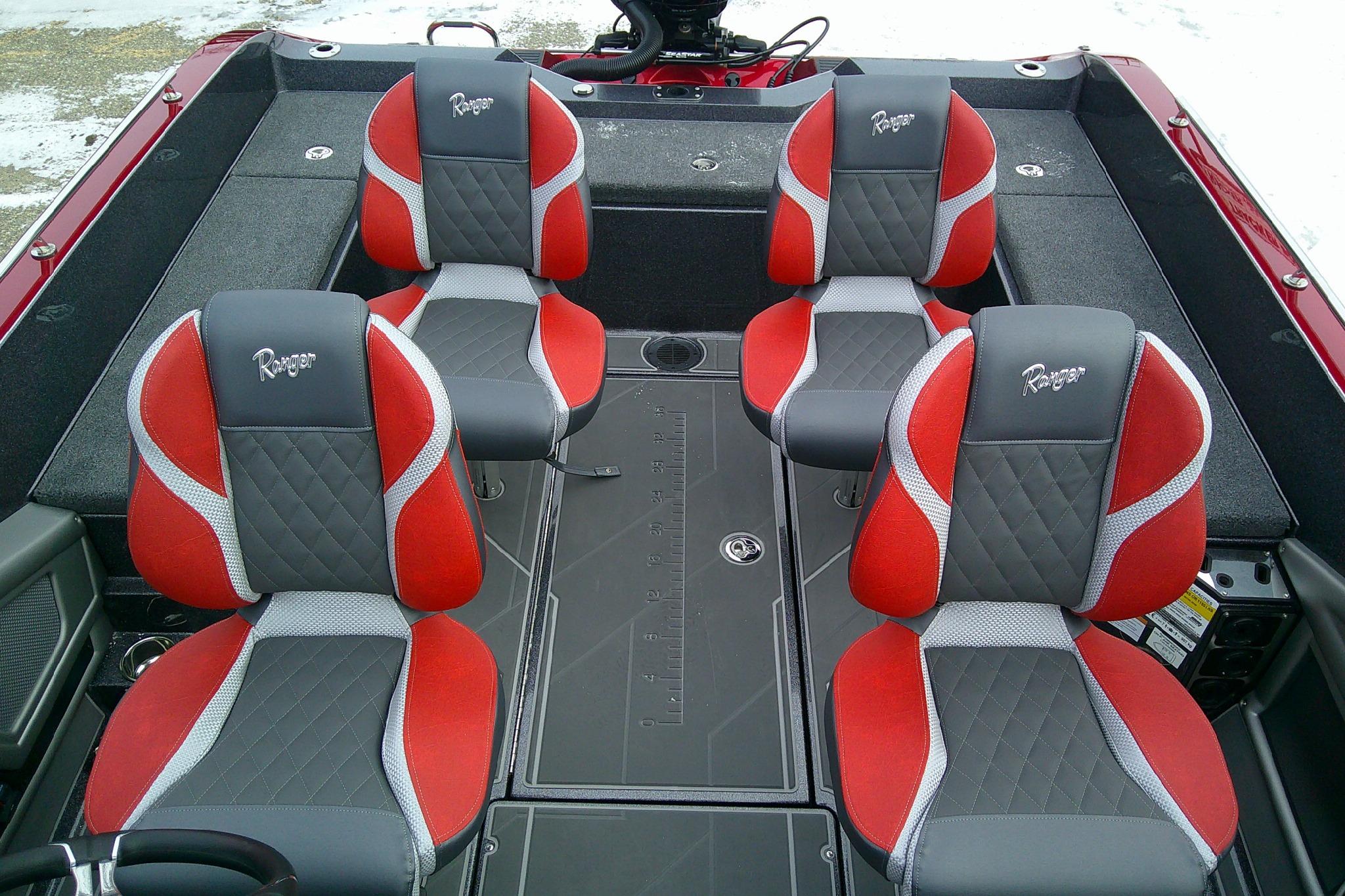 2026 Ranger 620FS Cup Equipped boat interior with red and gray seating.