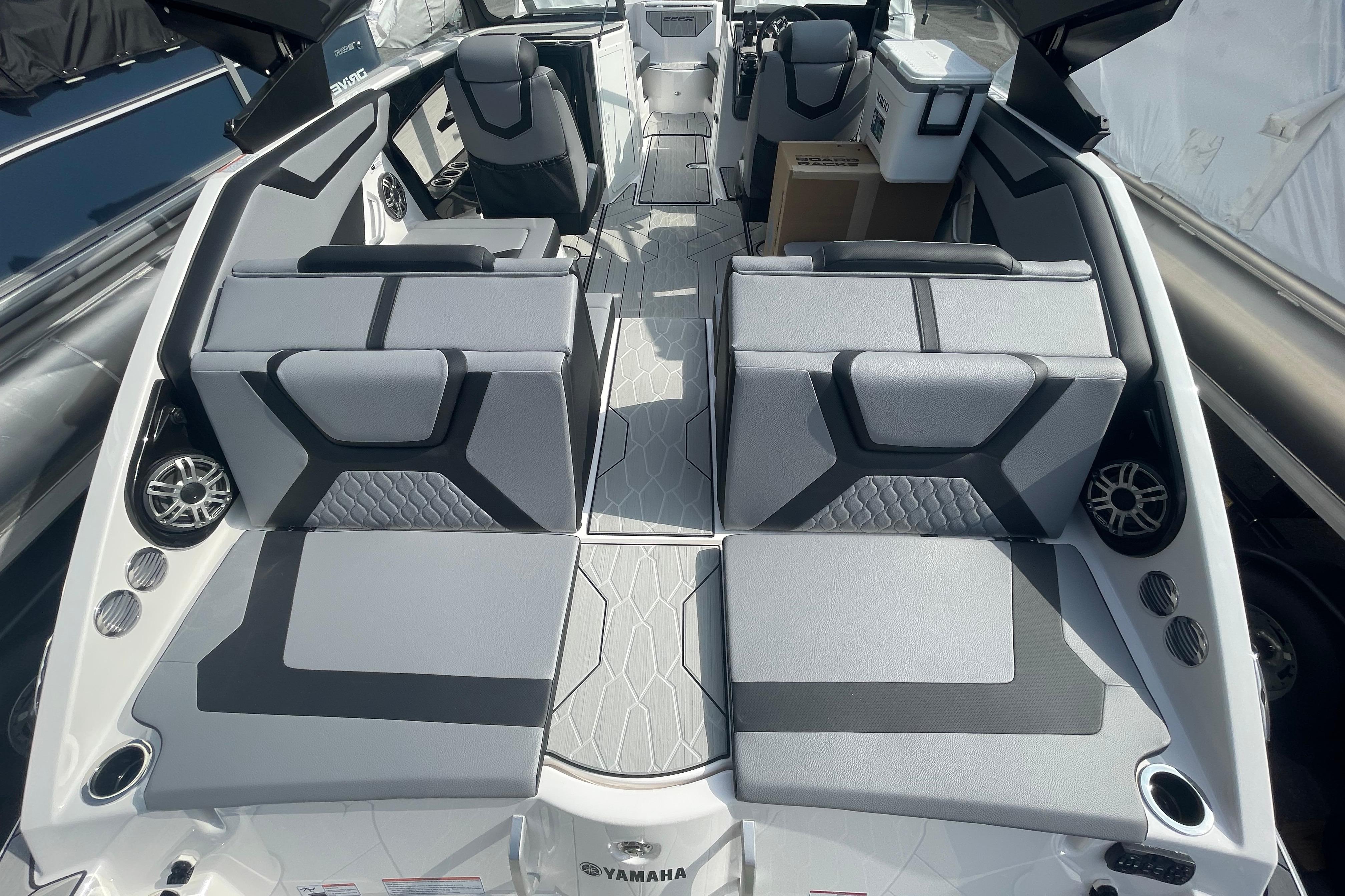 2026 Yamaha Boats 222XD interior with modern seating and sleek design.