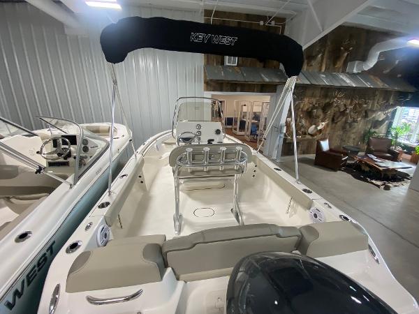 2024 Key West 189 FS boat interior with seating and console.