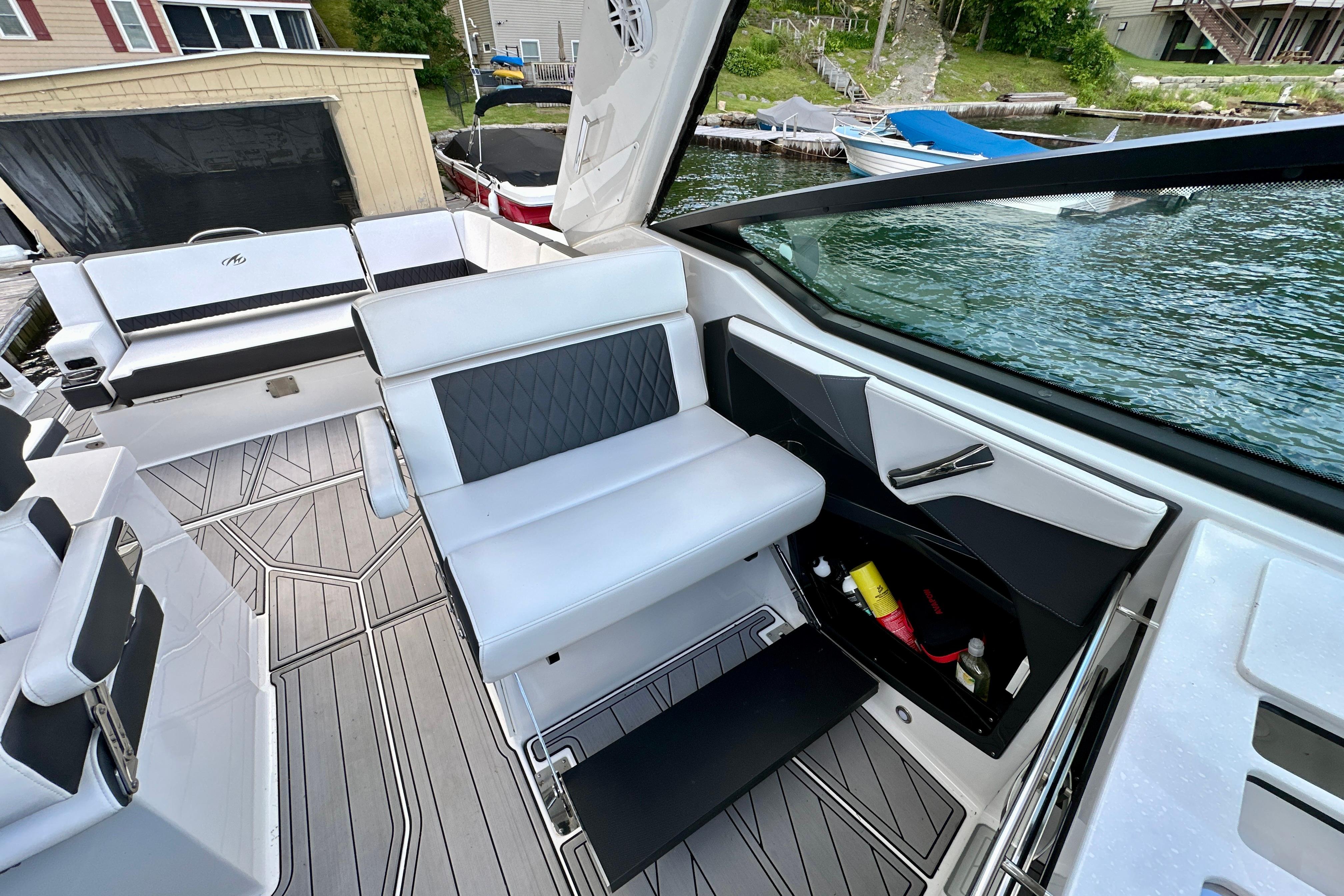 2022 Monterey 378SS Super Sport boat interior with sleek seating and modern design.