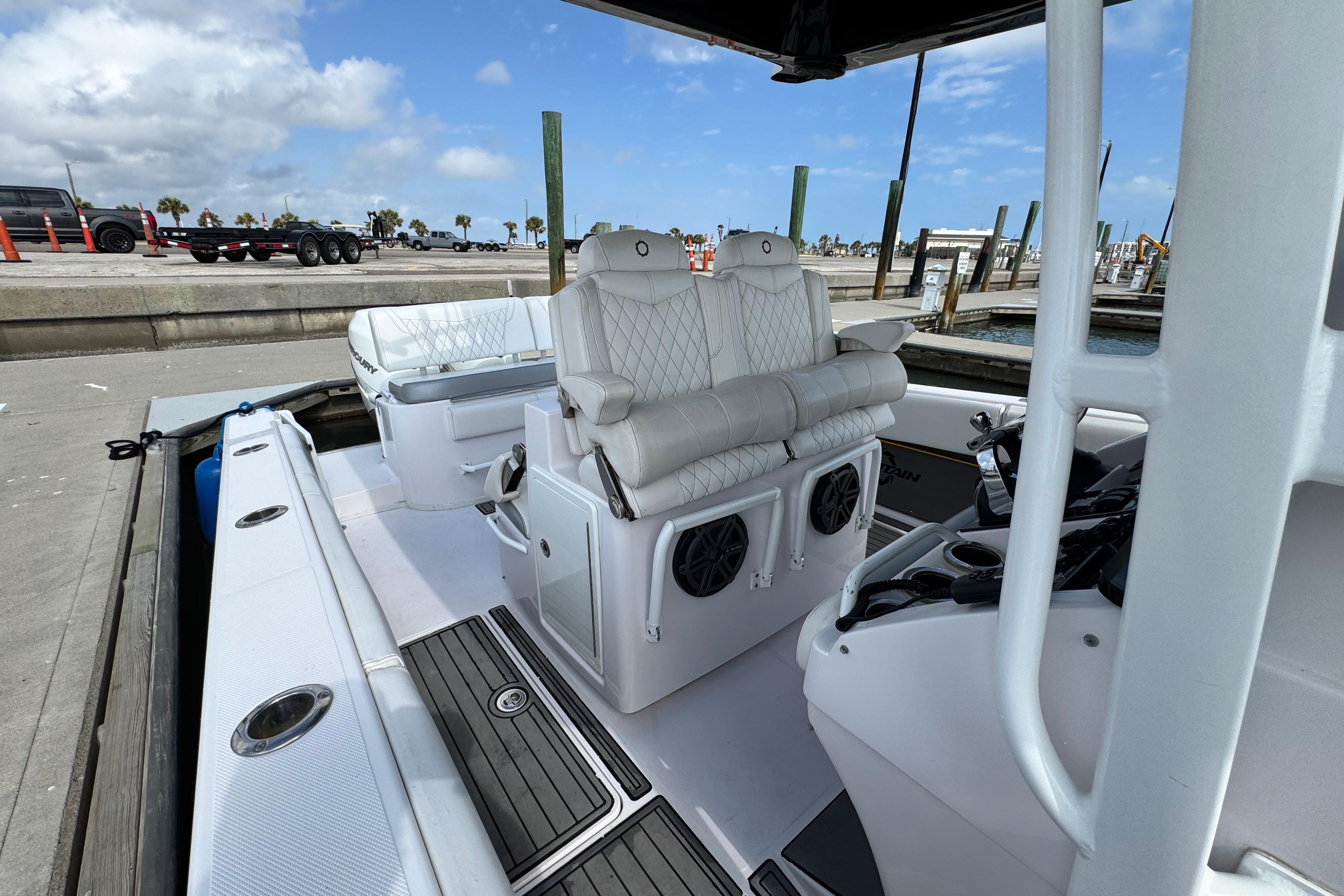 2018 Fountain 34 Center Console boat interior with luxurious seating and modern design.