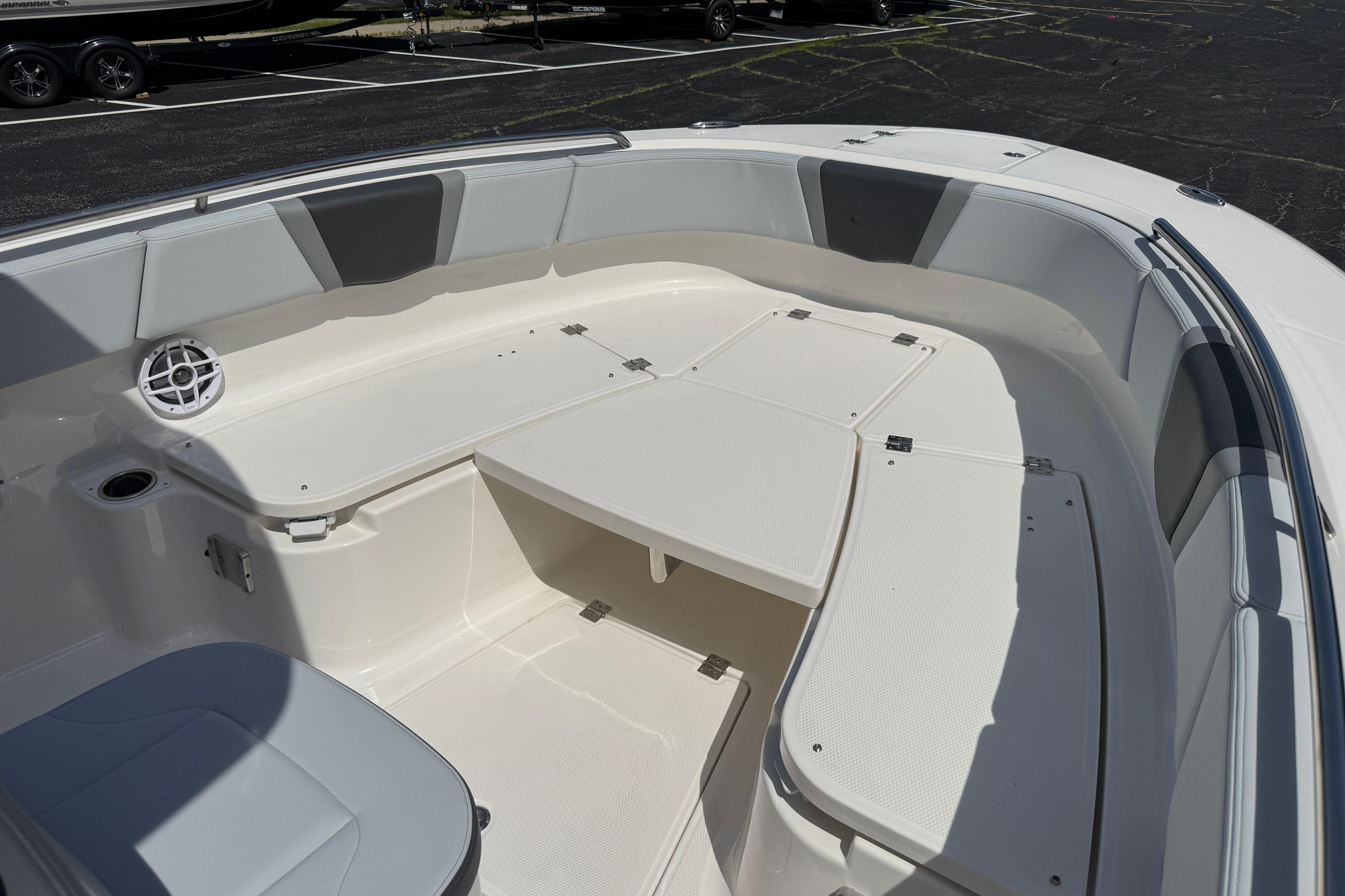 2026 Robalo R250 Center Console boat interior with spacious seating and storage compartments.