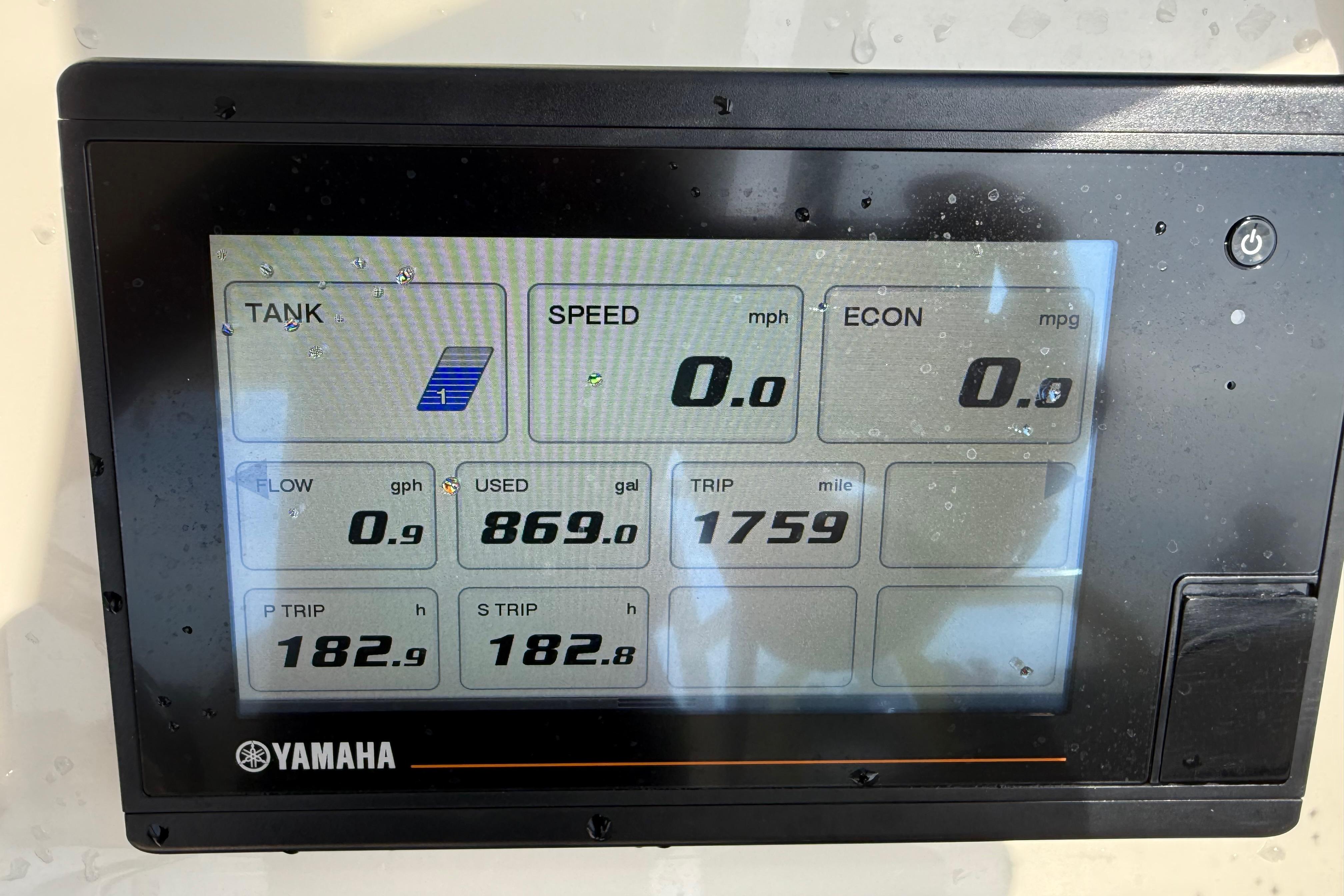 Yamaha display on 2019 Grady-White Freedom 255 showing fuel and trip data.