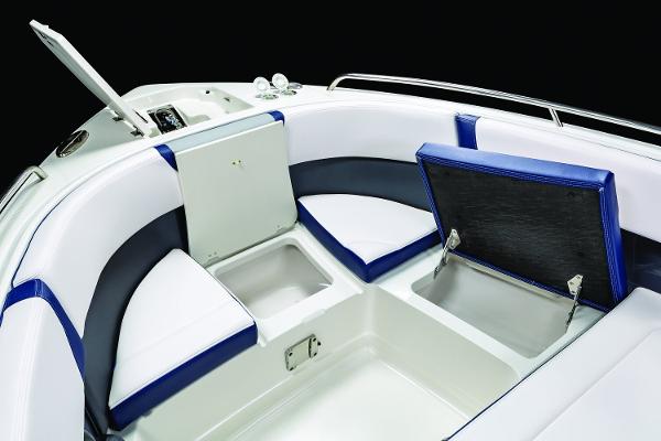Manufacturer Provided Image: 2019 Chaparral 300 OSX boat interior with storage compartments and seating.