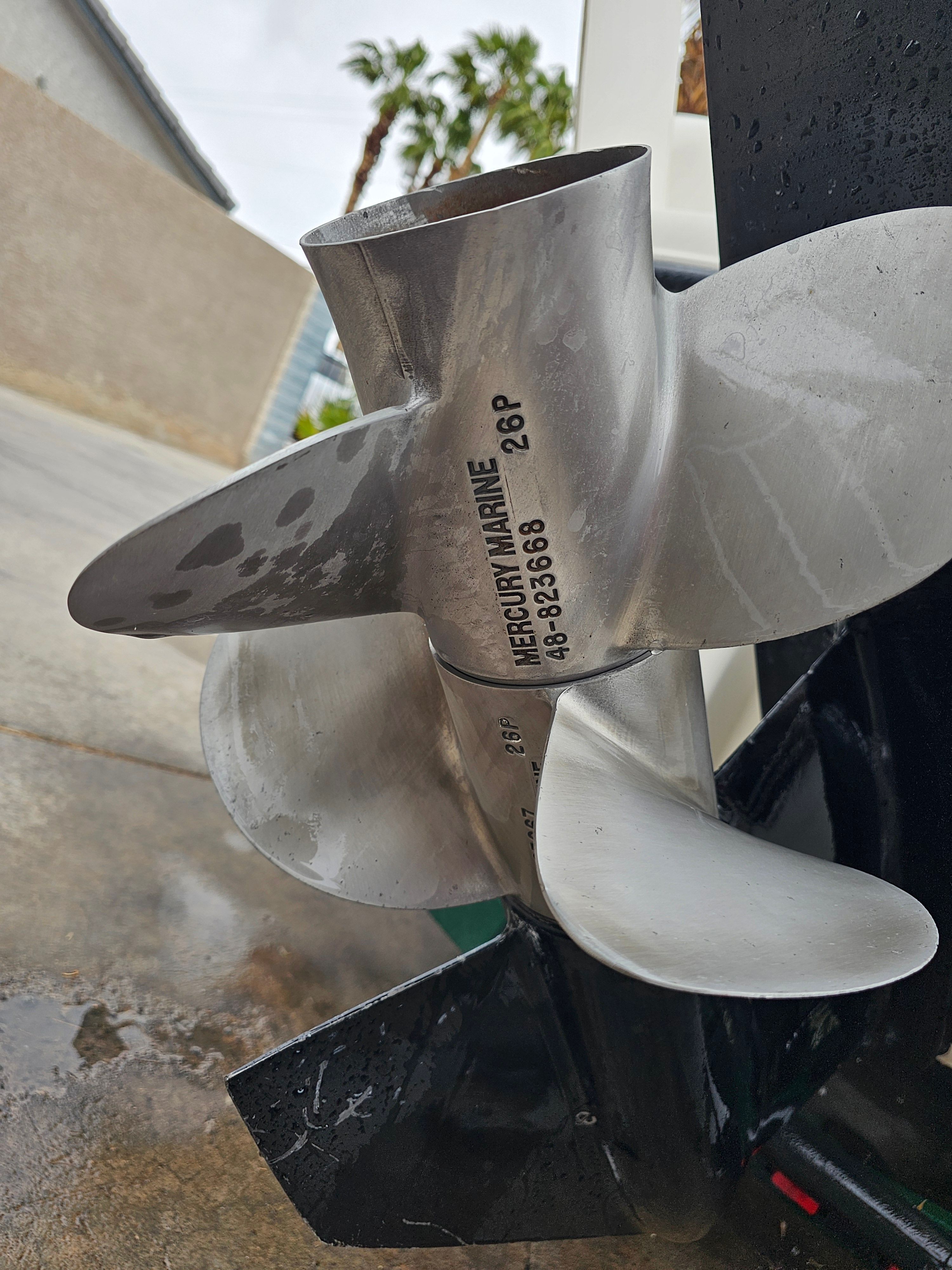 Close-up of a Mercury Marine propeller on a 1998 Chaparral Sunesta 252.
