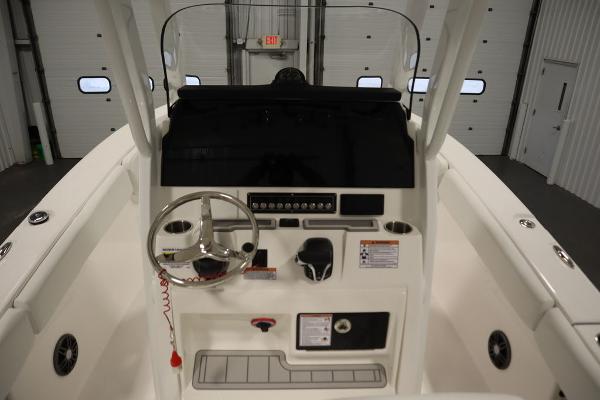 2025 Sea Fox 228 Commander boat console with steering wheel and controls.