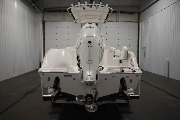 2025 Sea Fox 228 Commander boat, rear view in a storage facility.