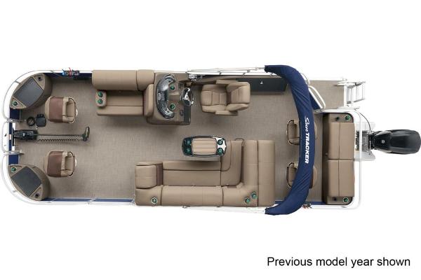 Top view of a pontoon boat with seating and helm, on a trailer.