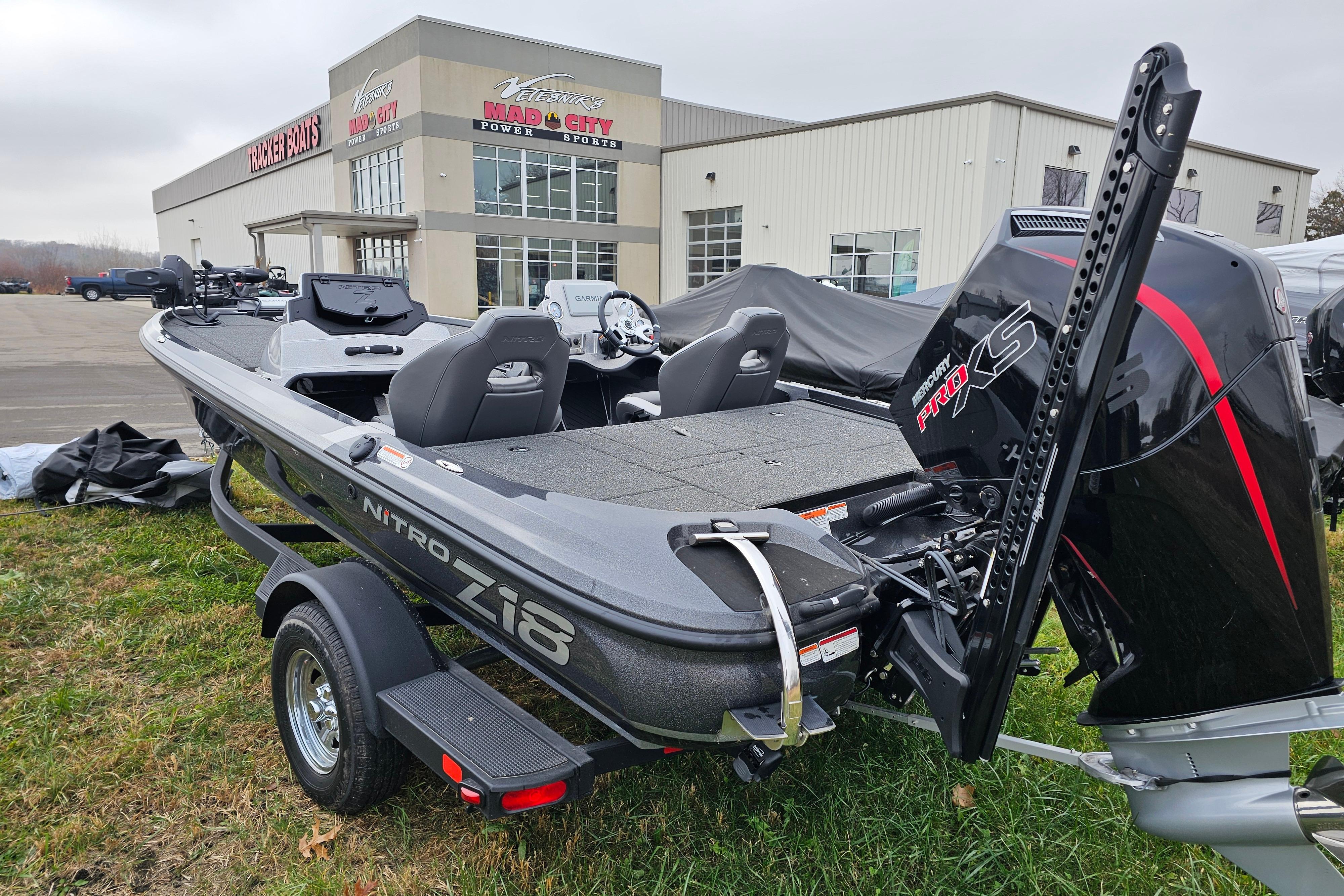 2025 Nitro Z18 Pro boat with Mercury Pro XS engine at dealership.