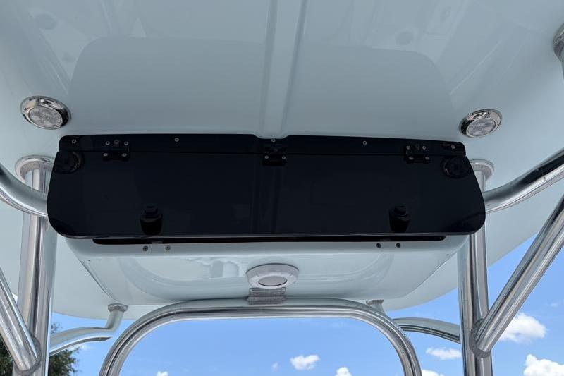 T-top of 2025 Key West 210 Bay Reef boat with mounted electronics box.