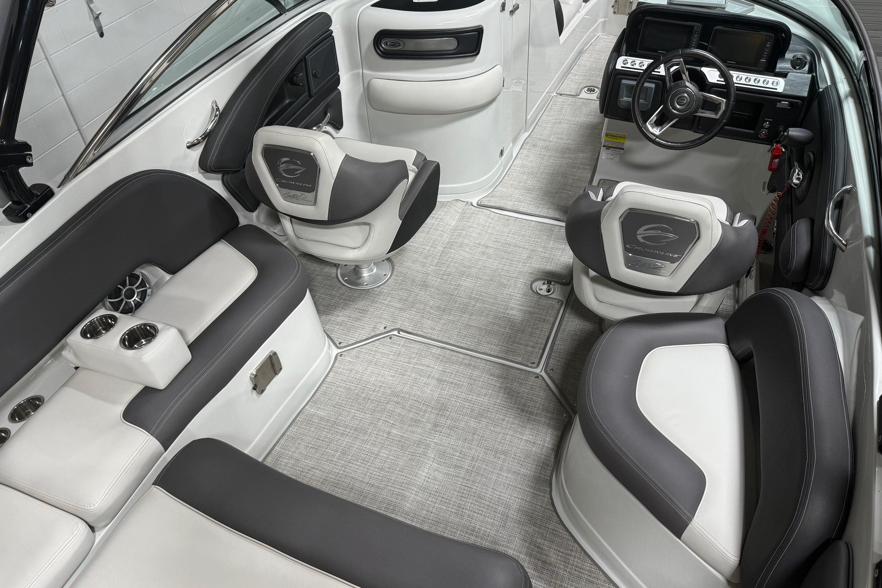2023 Crownline 260 SS boat interior with modern seating and steering console.