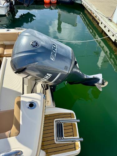 2016 Scout 245 Dorado with Yamaha outboard engine, docked in marina.