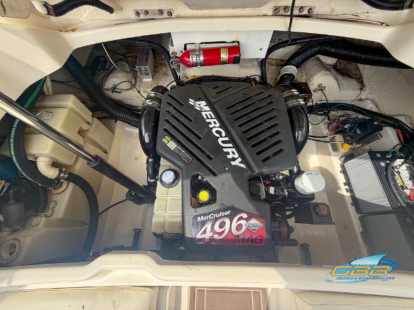 Engine compartment of a 2008 Sea Ray 270 SLX with Mercury MerCruiser 496 MAG engine.