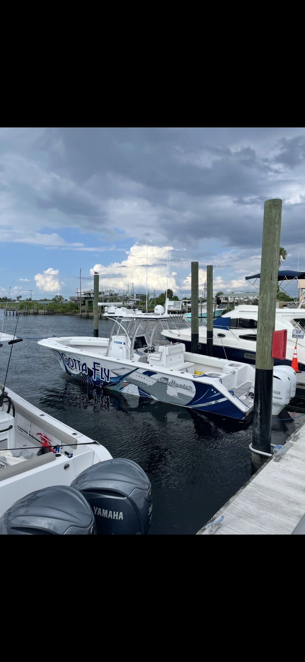 SeaHunter 31 Tournament boat docked, 2019 model.