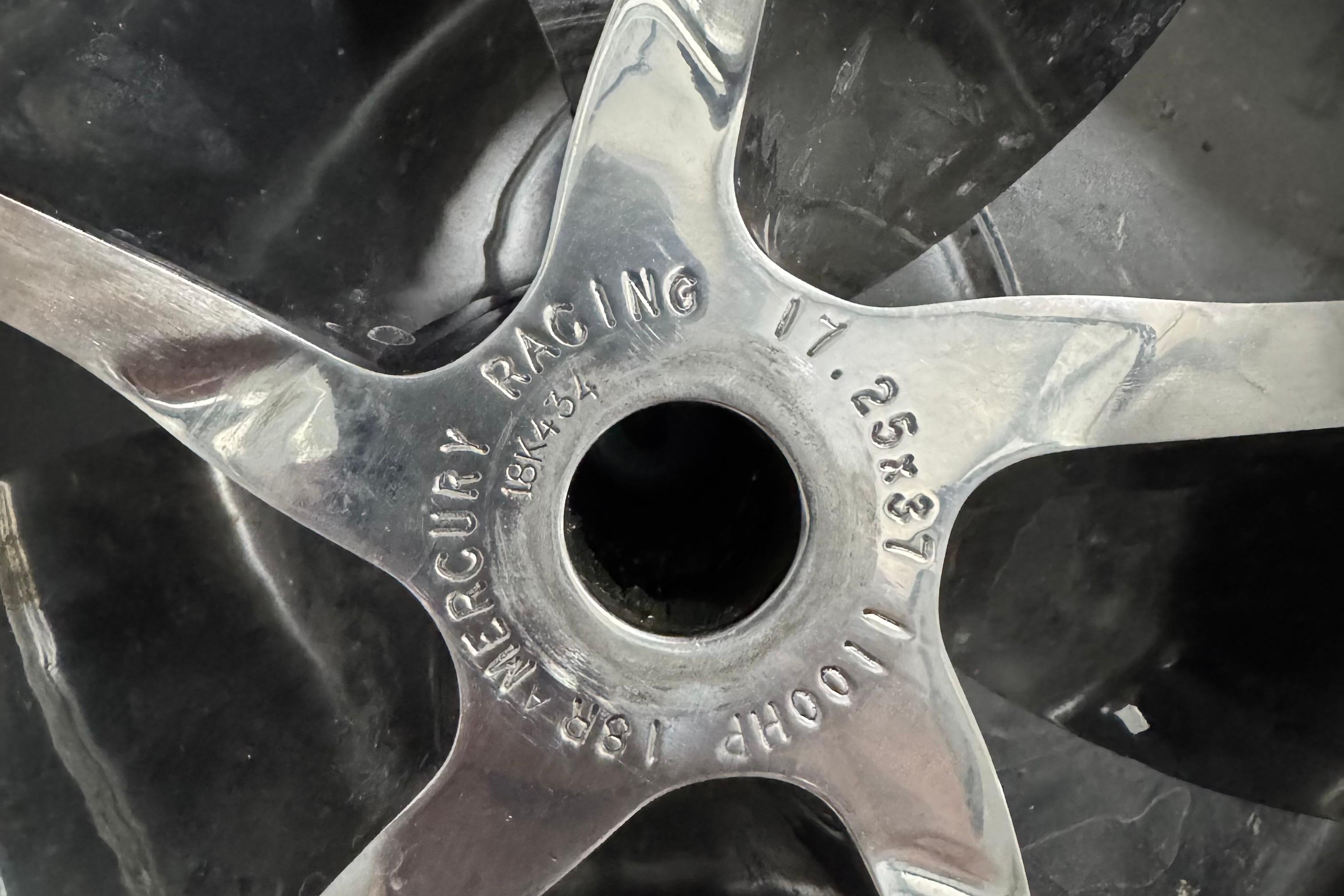 Close-up of a Mercury Racing propeller on a 2013 Nordic 39 Poker Run boat.