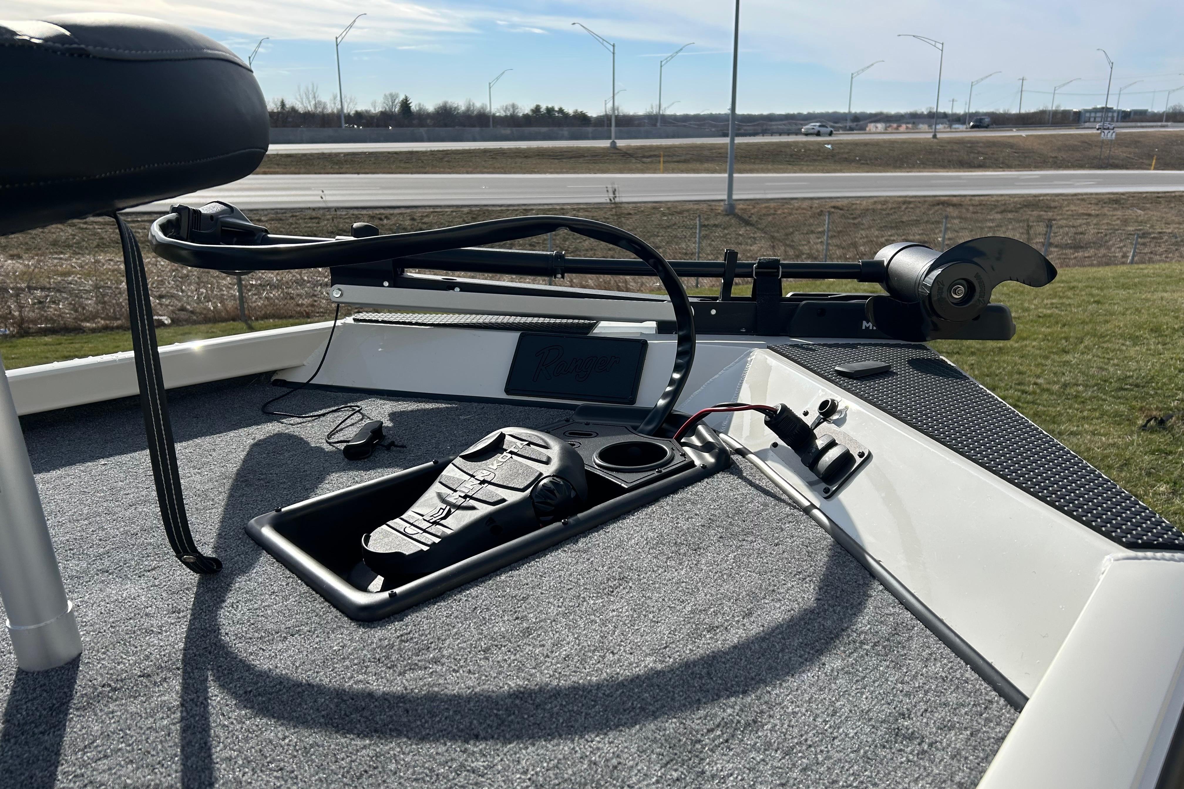 2026 Ranger RT188 boat deck with trolling motor and control panel.