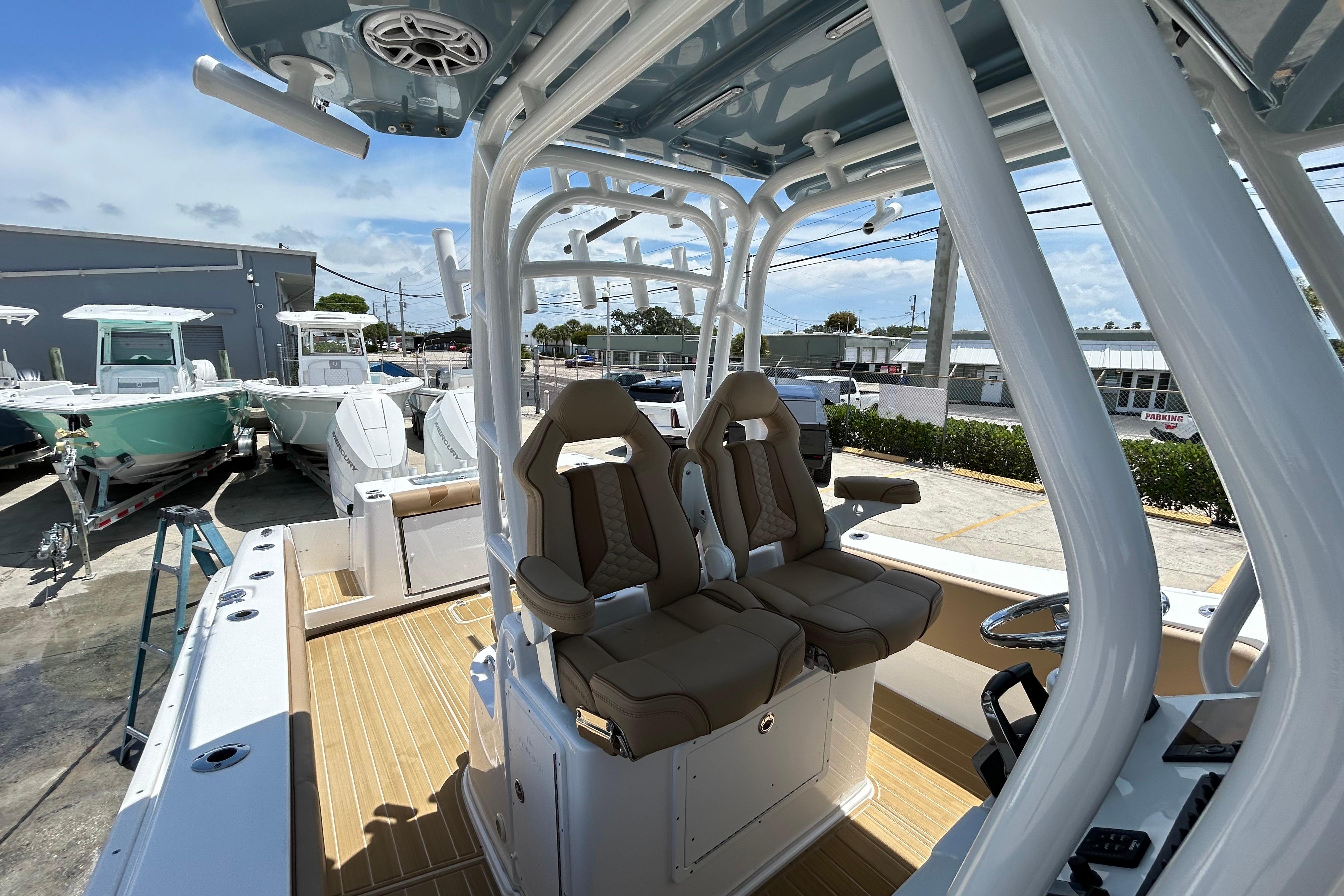 2025 Cape Horn 34 XS boat interior with dual seats and modern helm.