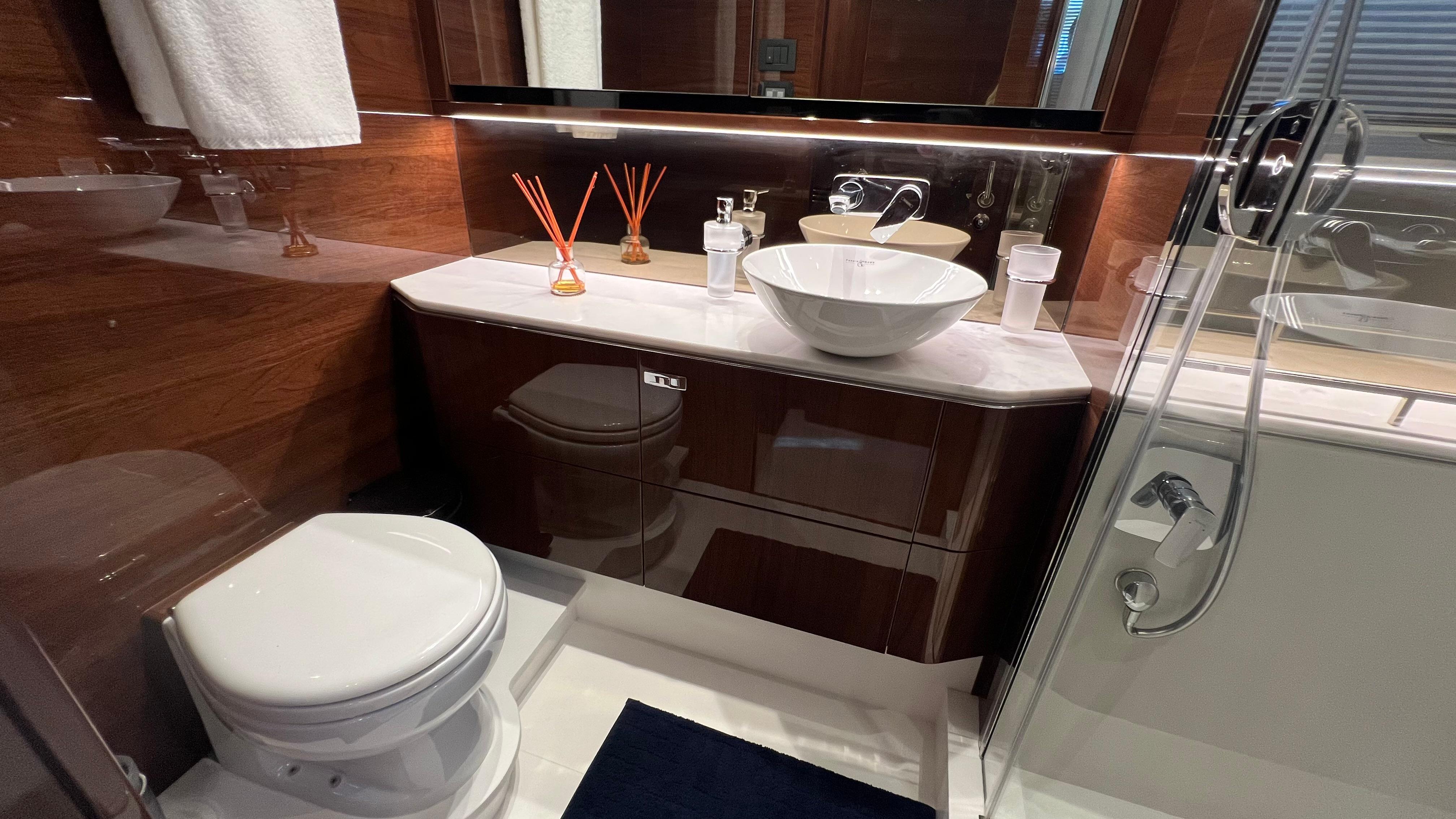 Luxurious bathroom in 2019 Princess F62 yacht with modern fixtures and elegant wood finish.