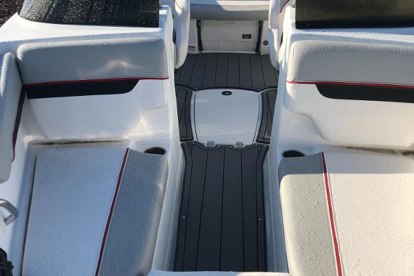 Interior seating of 2023 Tahoe 210 Si Limited boat with gray and white upholstery.