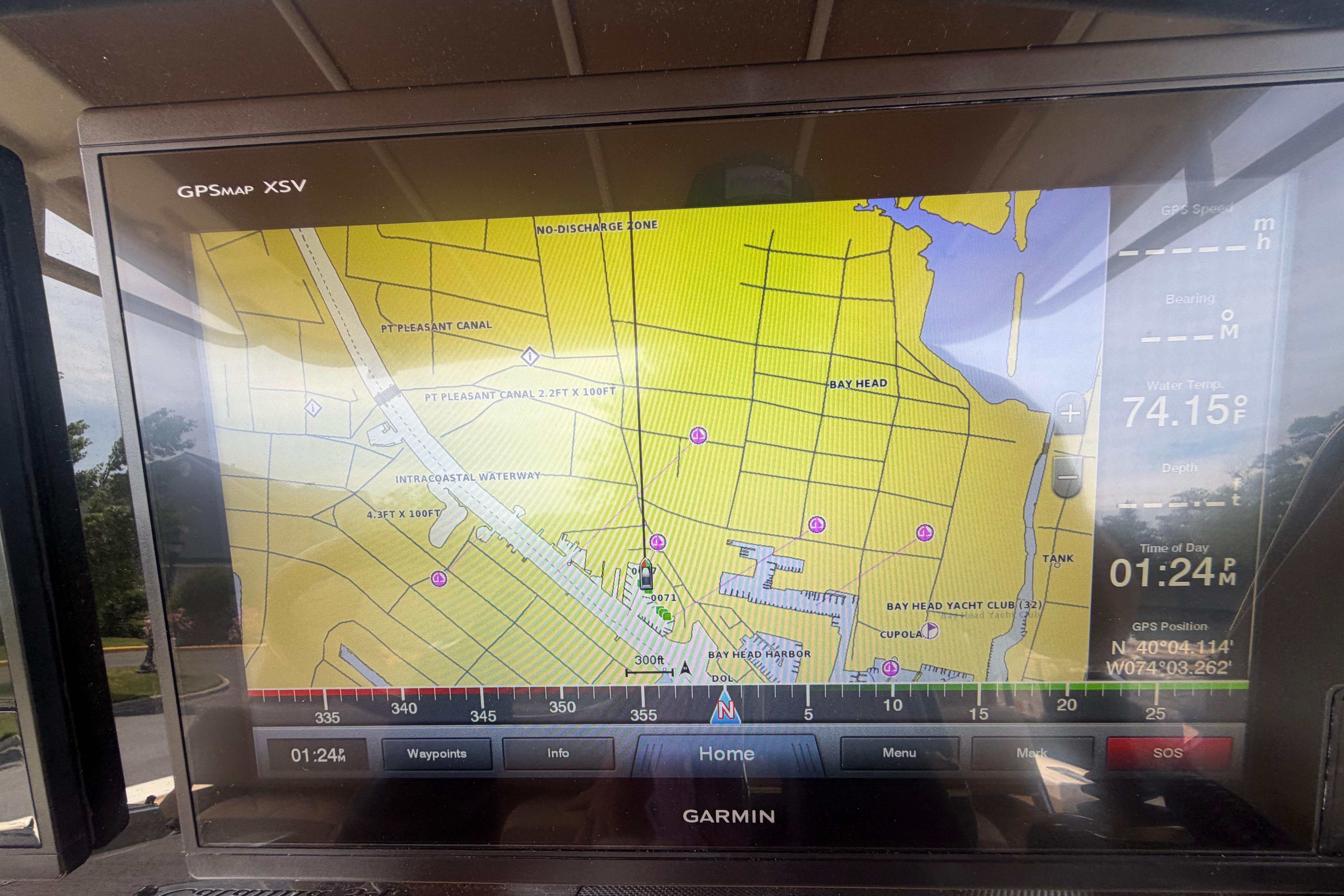 Garmin GPS display on 2017 Chris-Craft Catalina 34, showing nautical map and navigation details.