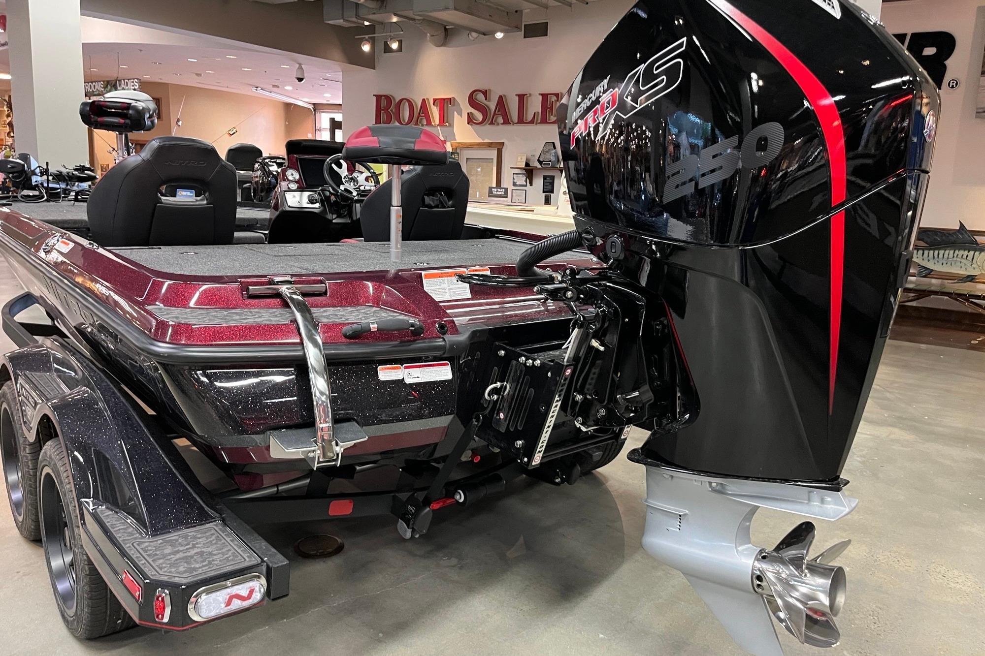 2026 Nitro Z21 XL Pro boat with powerful engine displayed in showroom.