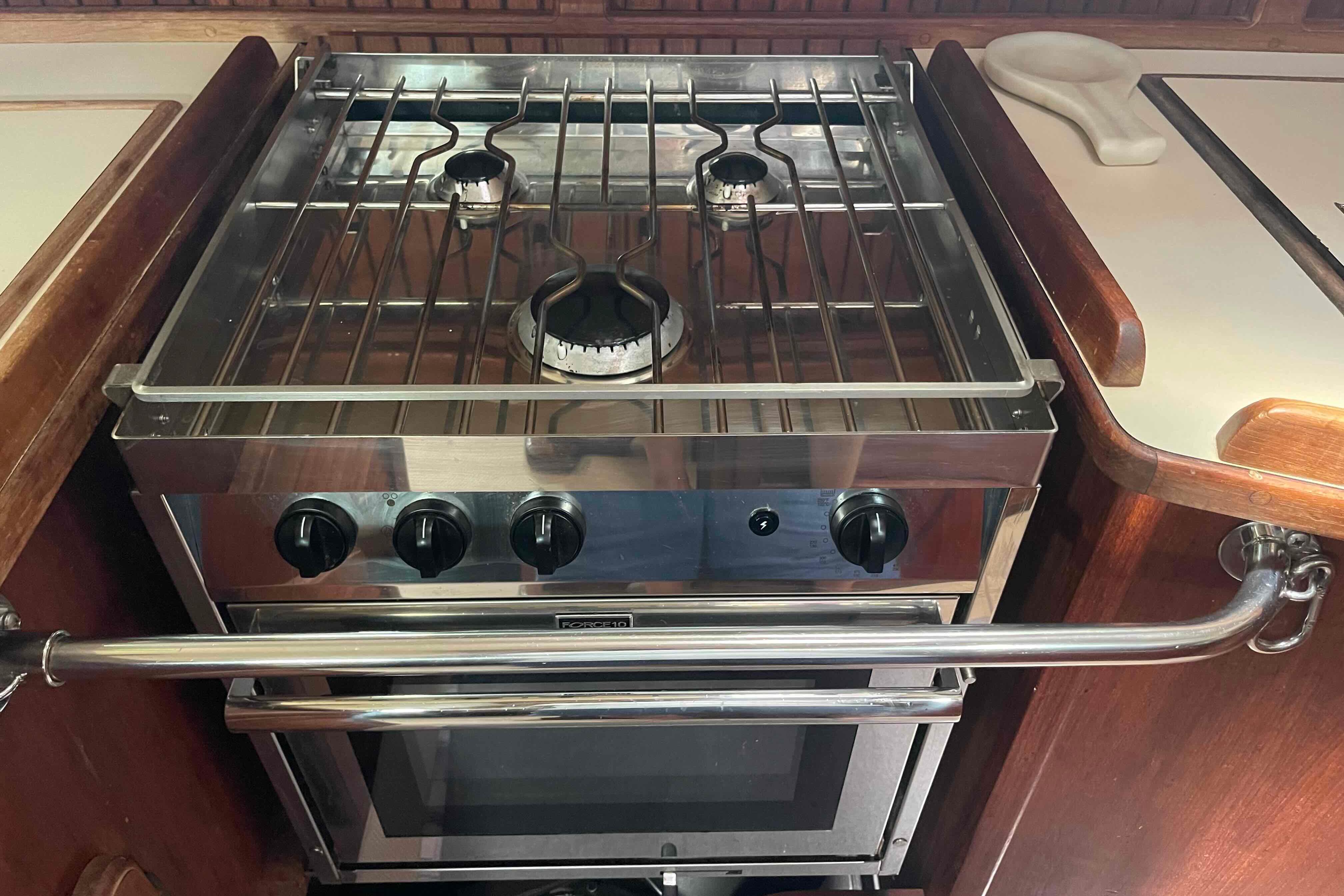 Stainless steel stove in 1989 Island Packet 35 yacht kitchen.