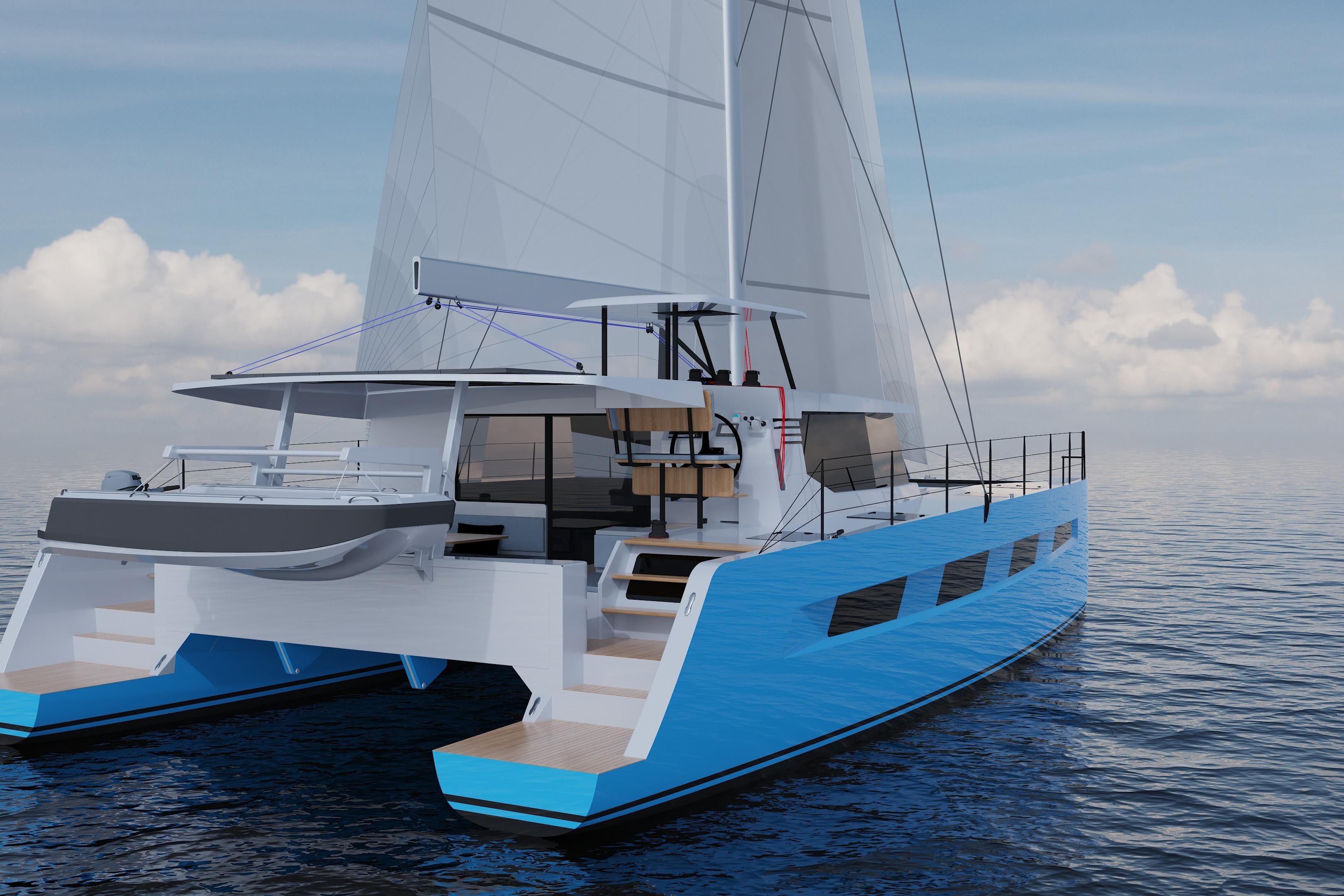 Sleek Vision 484 catamaran sailing on calm ocean, 2026 model, featuring modern design.
