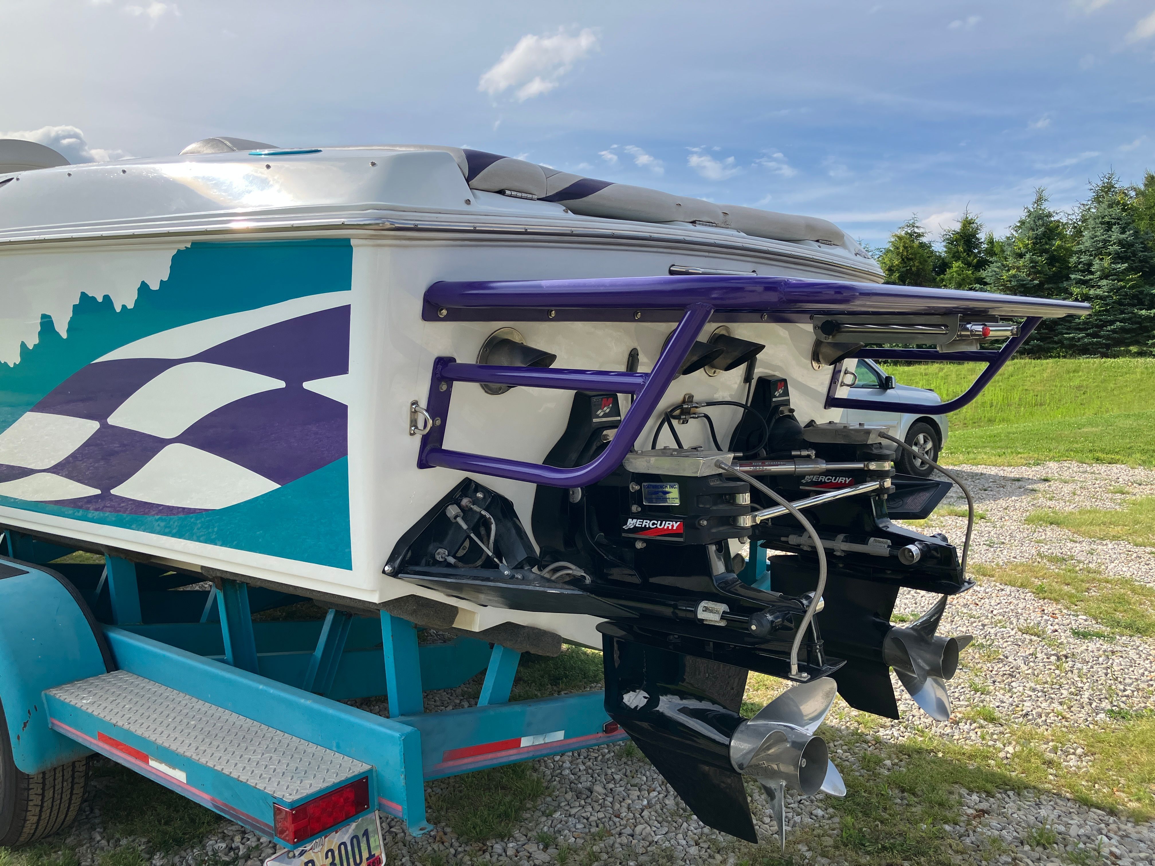 2000 Baja 36 Outlaw on trailer, featuring distinctive design.