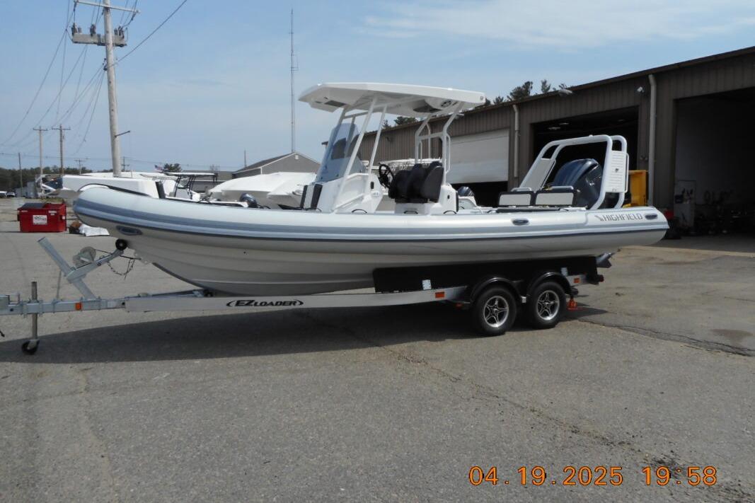 2025 Highfield Sport 760 boat parked on trailer outdoors.