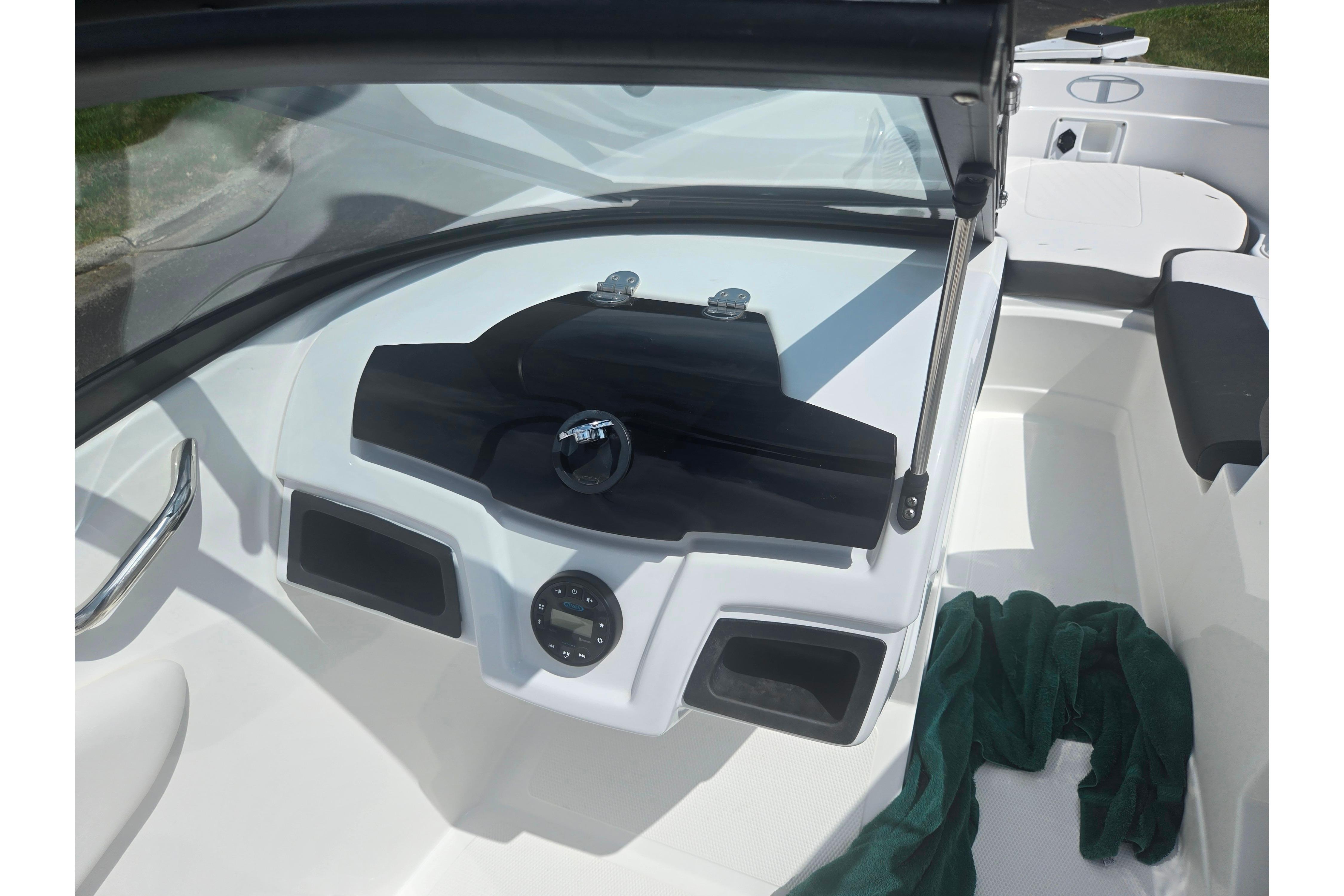 2023 Tahoe 200 S boat interior with steering wheel and dashboard.