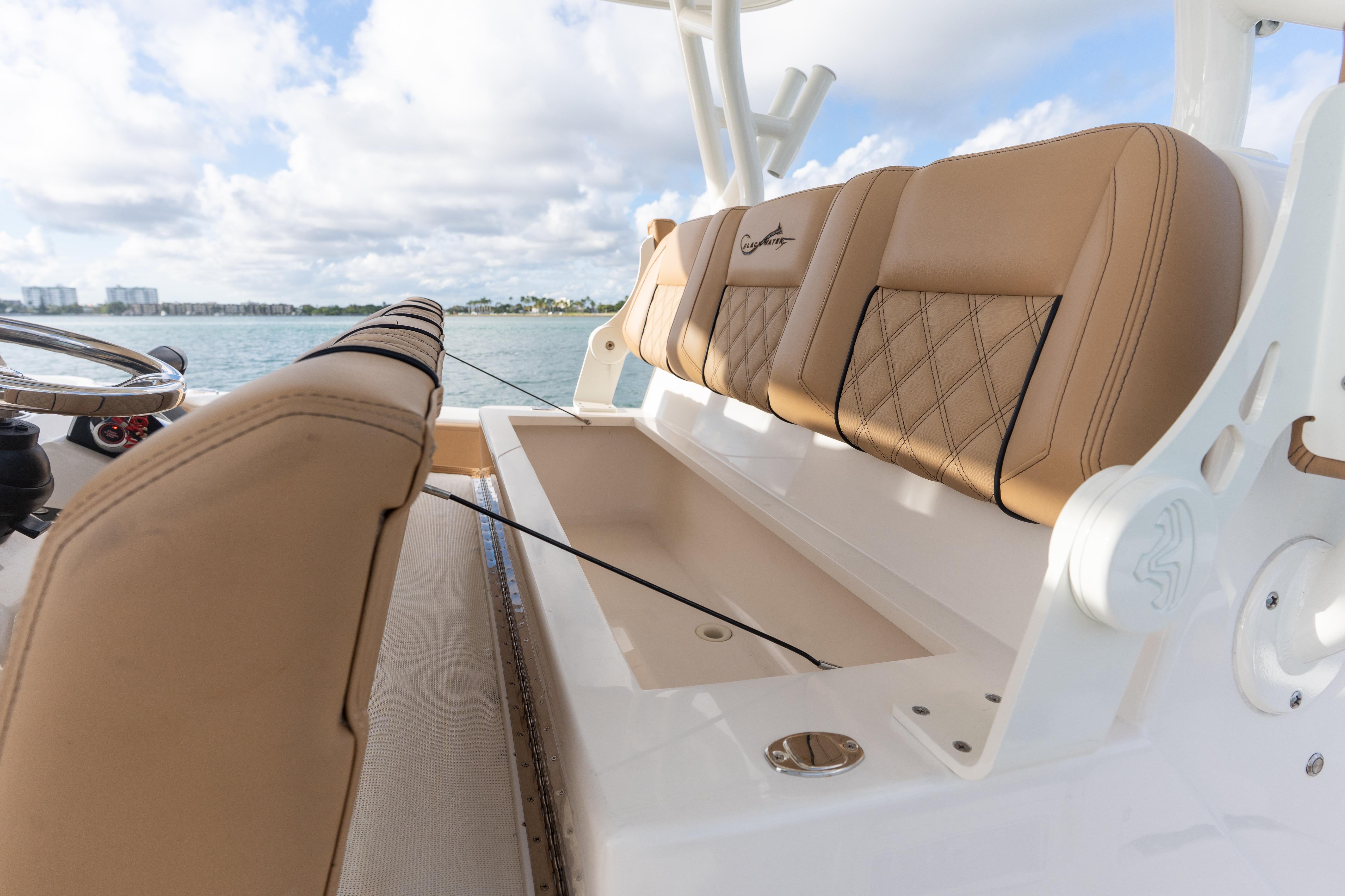 2026 Blackwater 41 Performance Fish boat interior with tan seating and ocean view.