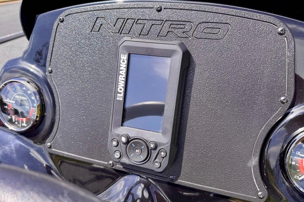 Dashboard of 2026 Nitro Z17 boat featuring Lowrance display and gauges.