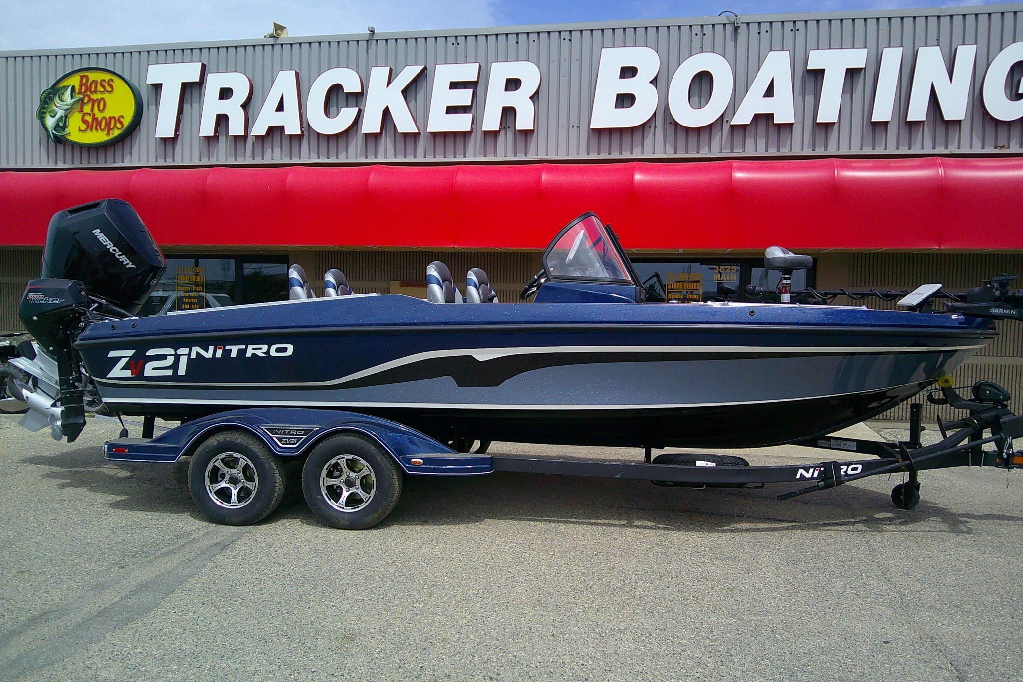 2026 Nitro ZV21 Pro boat displayed at Tracker Boating, Bass Pro Shops.