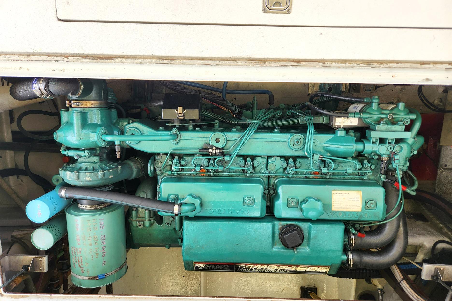 Engine of 1987 Young Brothers Custom Sport Fish boat, featuring Volvo components.