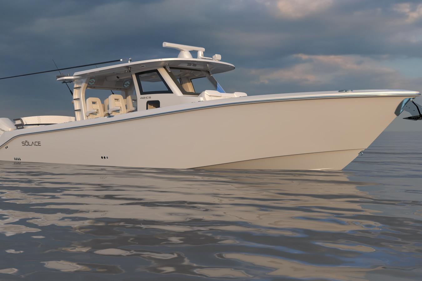 2026 Solace 42 CS boat on calm water under cloudy sky.