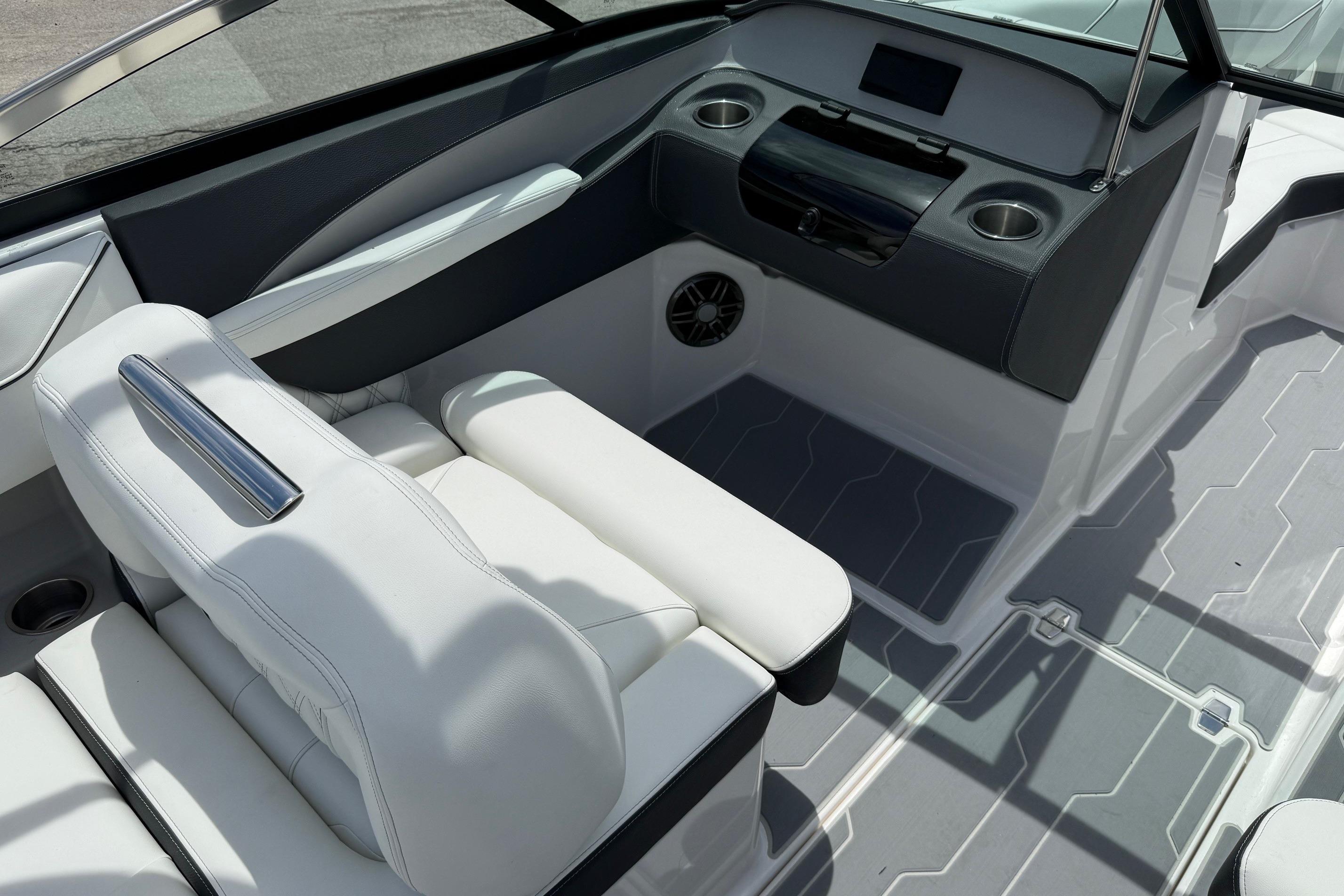 Interior of 2026 Regal LS4 Surf boat with sleek seating and modern dashboard design.