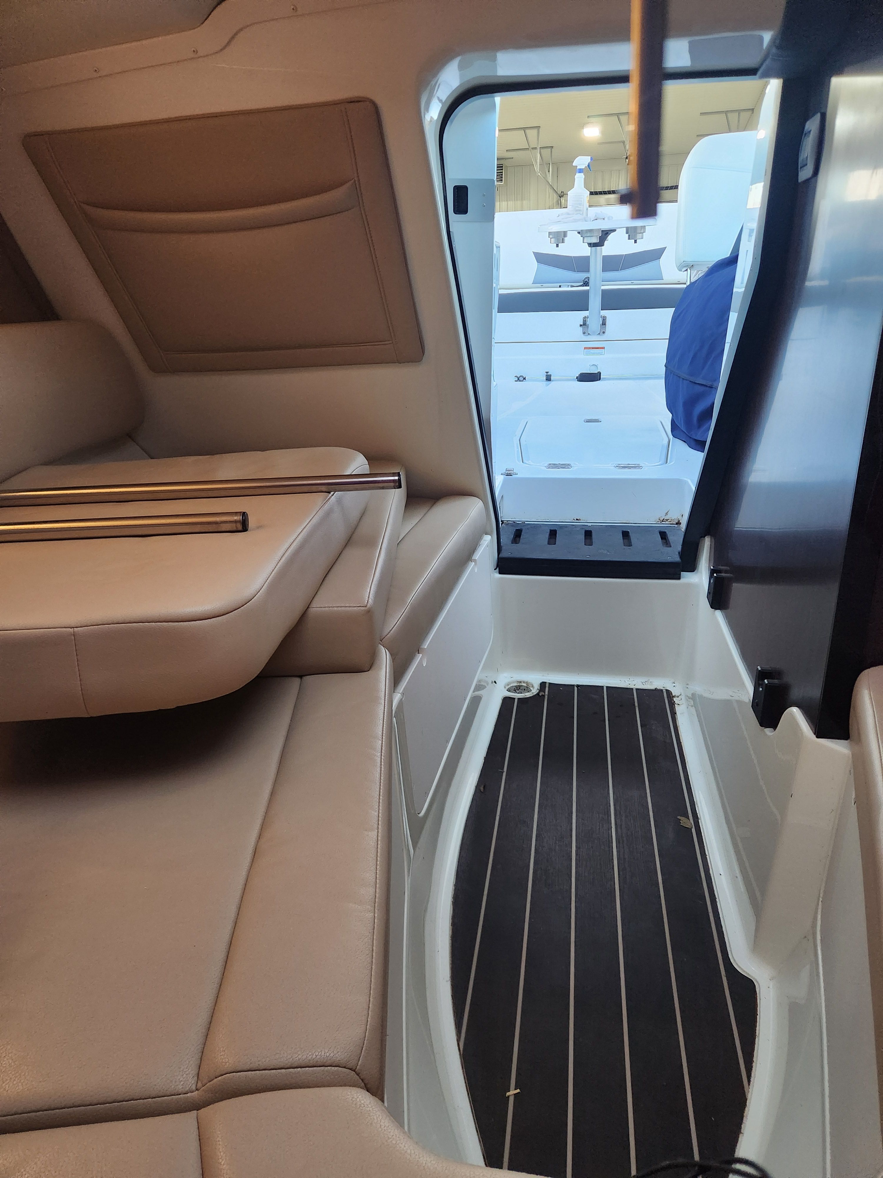 Interior of a 2015 Monterey 268SSC boat with leather seating.