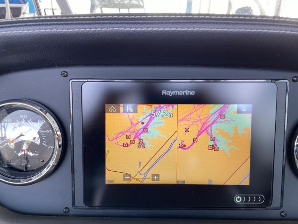 Dashboard of 2019 Crownline E255 boat with Raymarine navigation display.