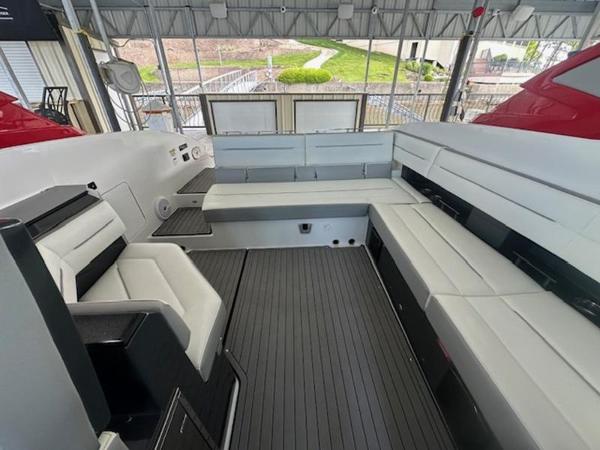 2022 Cobalt A36BR boat interior with spacious seating and modern design.