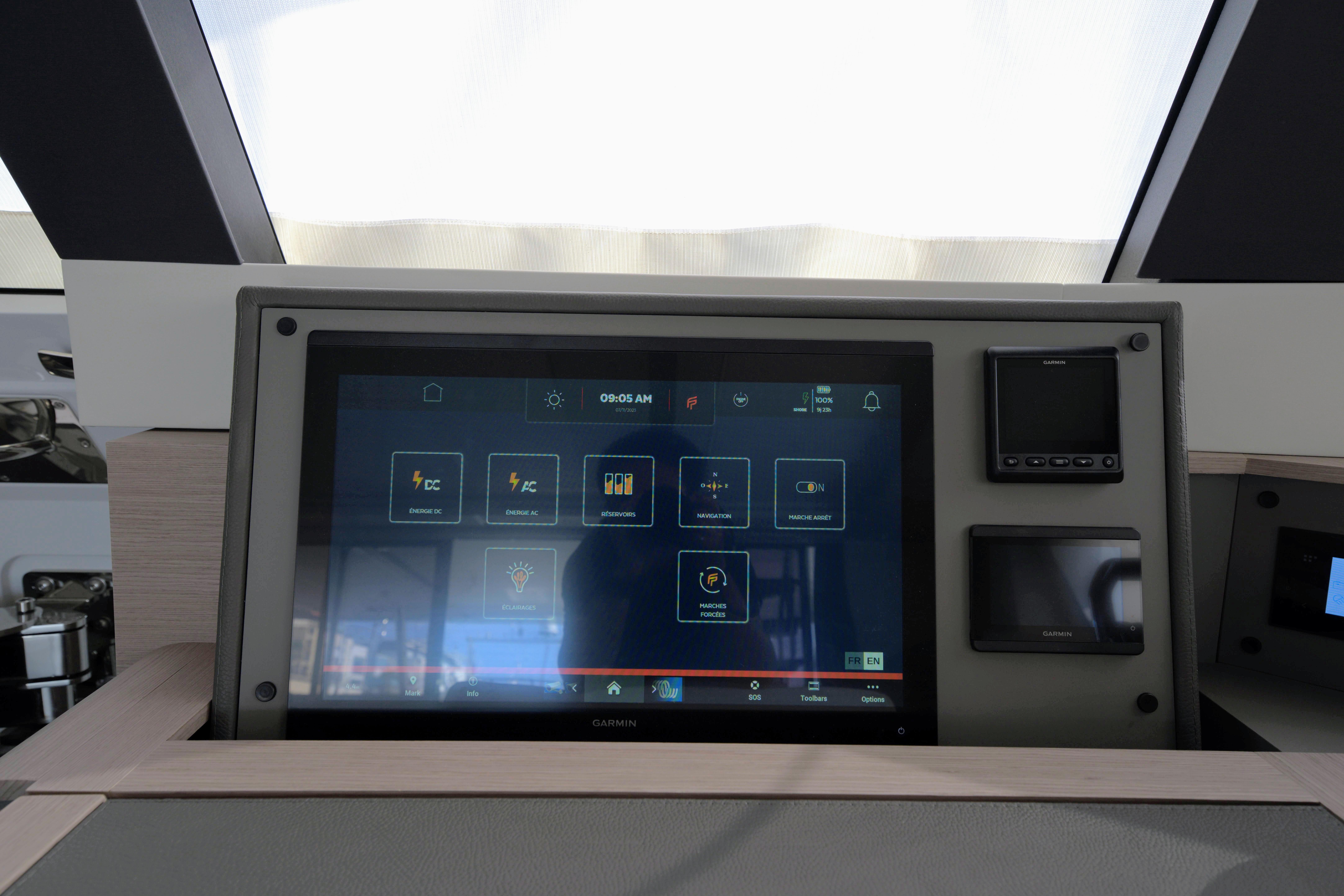 Control panel of 2023 Fountaine Pajot Samana 59 yacht with touchscreen display.