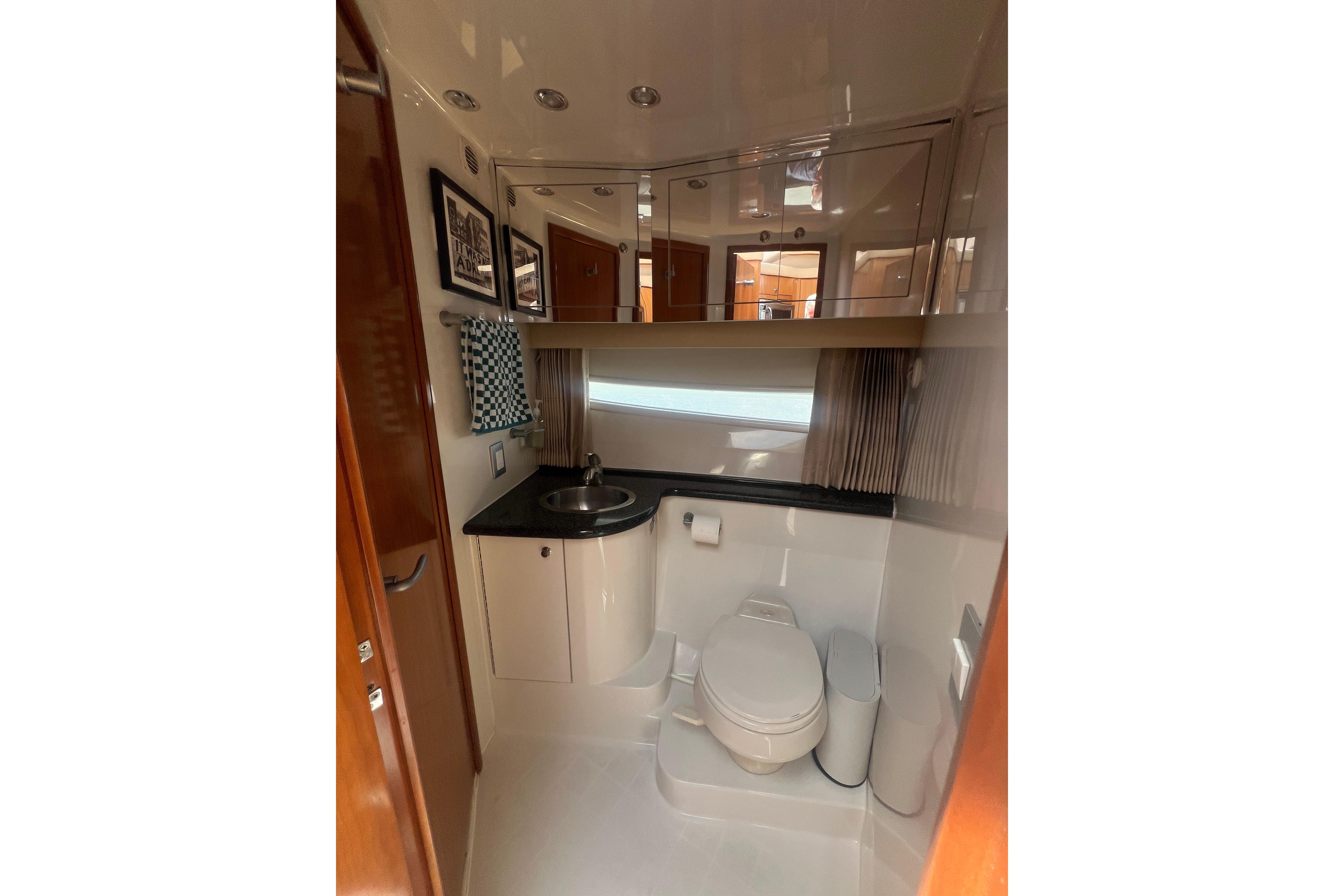 Bathroom interior of 2006 Carver 43 Motor Yacht with sink and toilet.