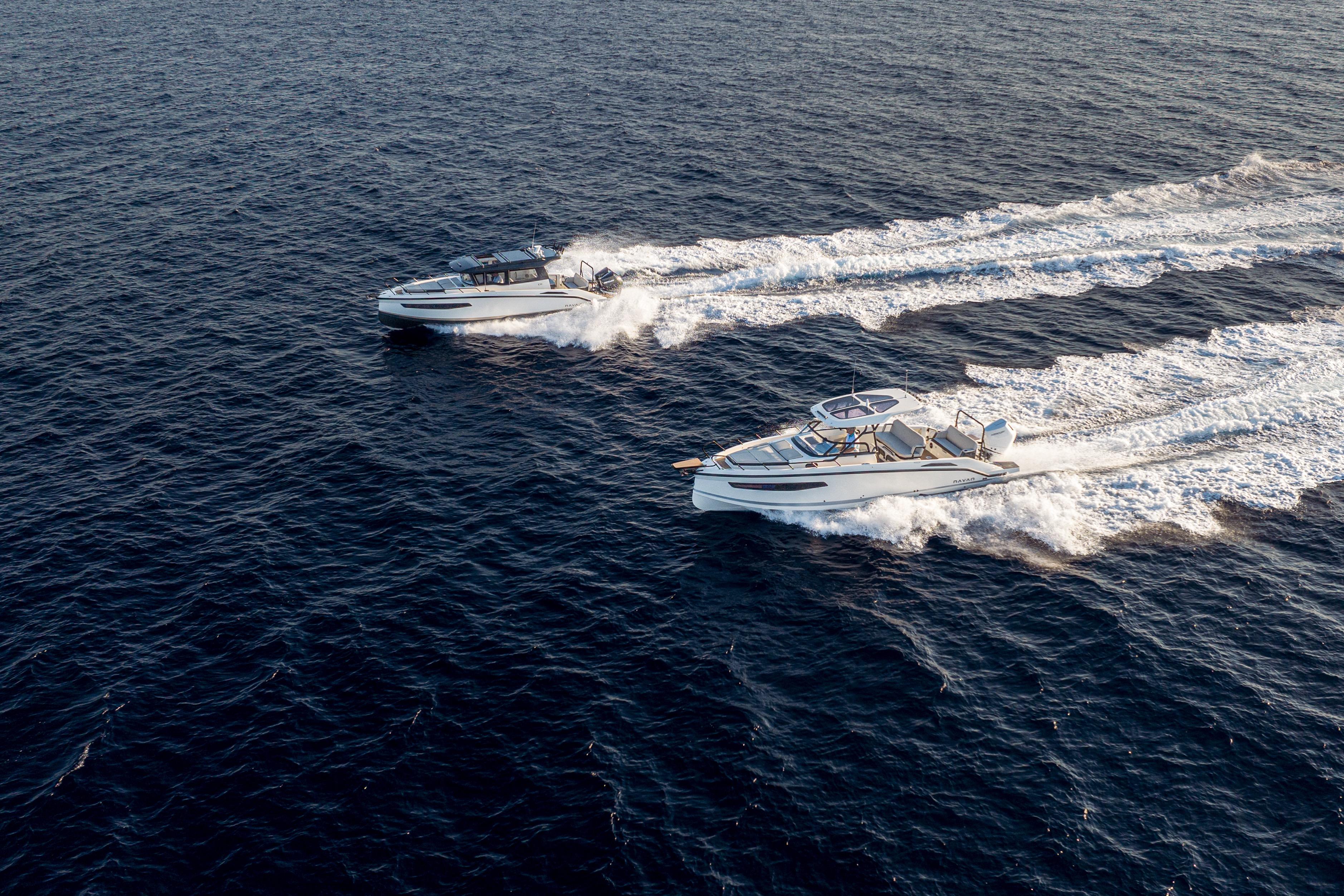Two Navan S30 boats cruising on open water, 2026 model.
