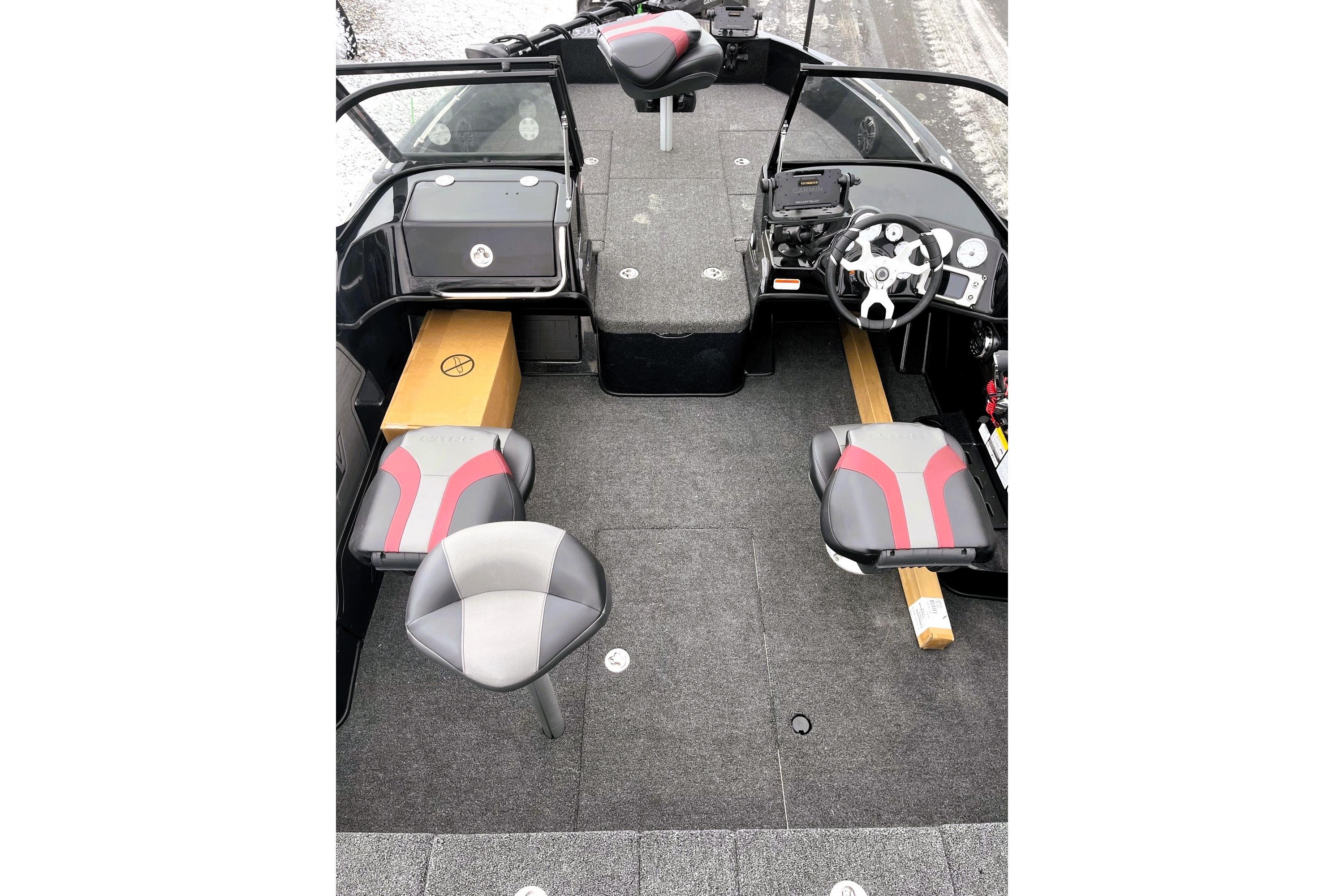 2026 Nitro ZV19 Sport Pro boat interior with seating and steering console.