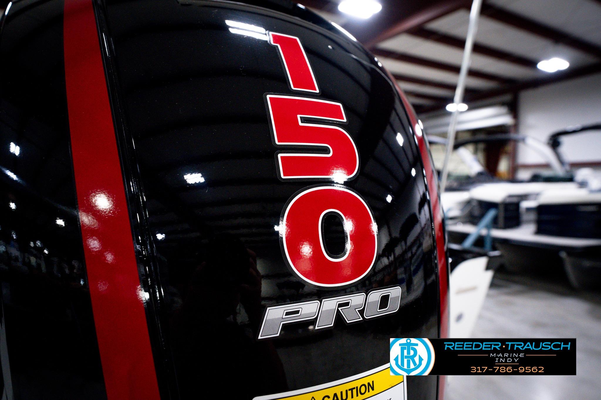Close-up of a 150 Pro outboard motor on a 2026 Lund 1875 Impact XS SS boat.