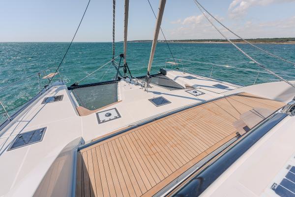 Luxury Privilege Signature 650 yacht deck, 2025 model, sailing on open sea.