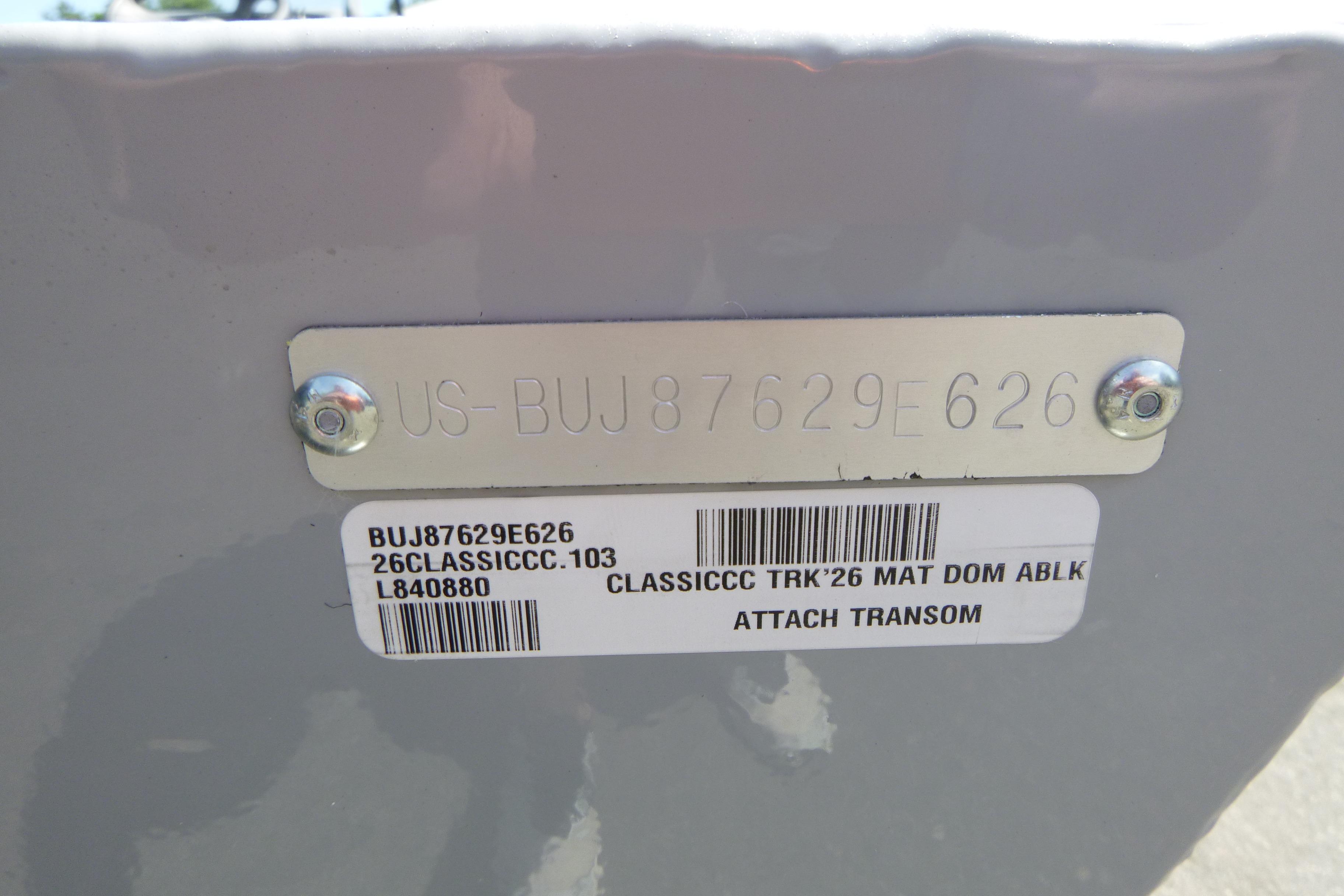 2026 Tracker Bass Tracker Classic CC transom with identification plate and barcode.