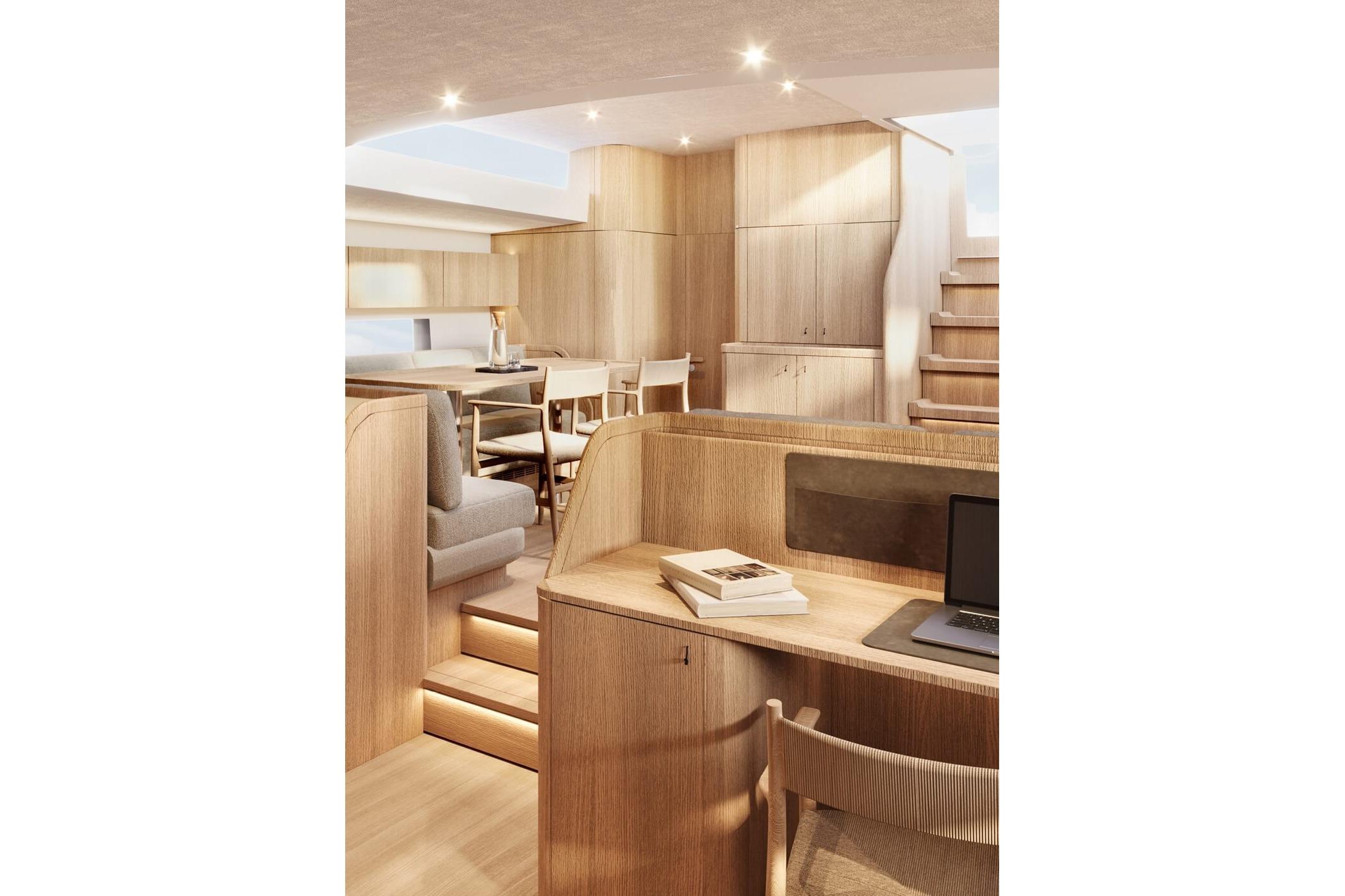 Interior of YYachts Y7 2027 featuring modern wood design.