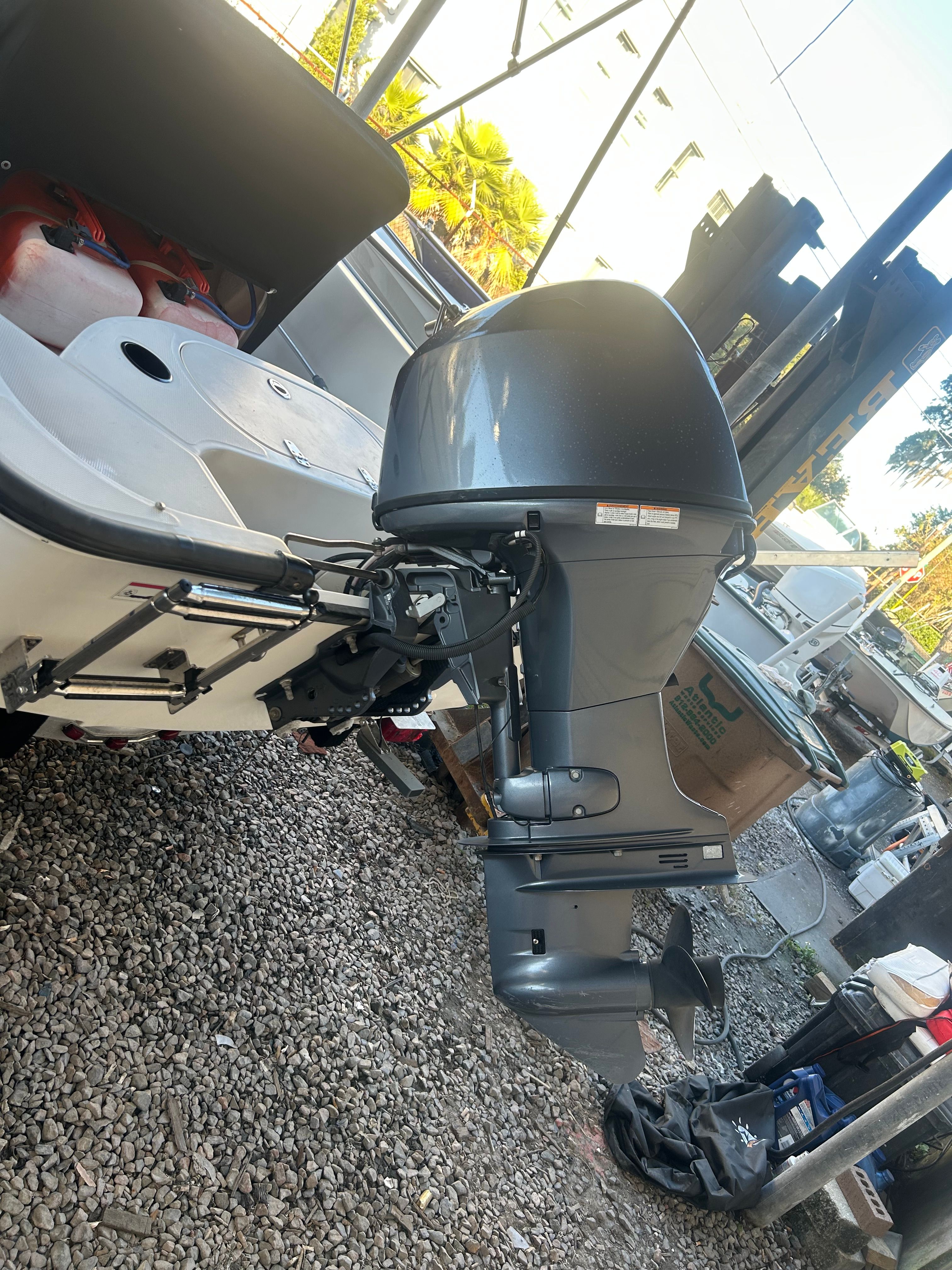 Outboard motor of a 2006 Boston Whaler 150 Montauk boat.