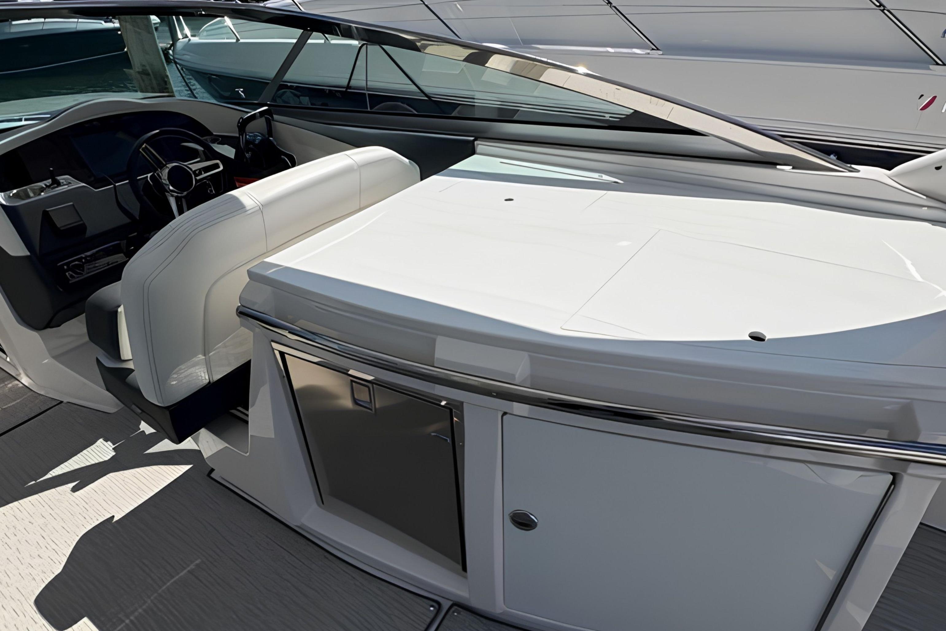 2020 Regal 33 OBX boat interior with sleek helm and seating area.
